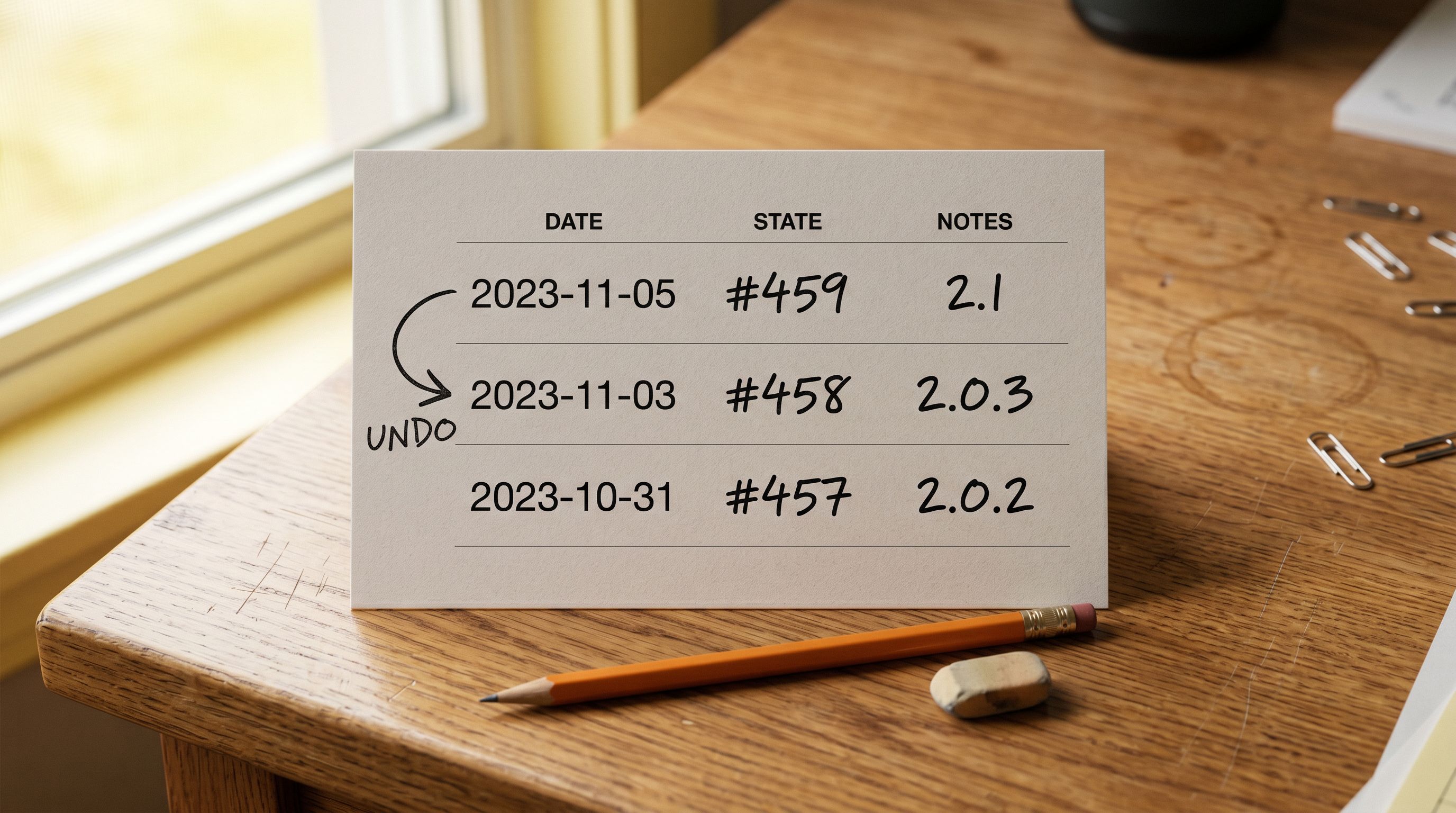 Printed Import Undo snapshot reference card on a desk showing a list of three import sessions with product counts and dates, with a circular undo arrow drawn beside the most recent session to indicate which session would be reversed.