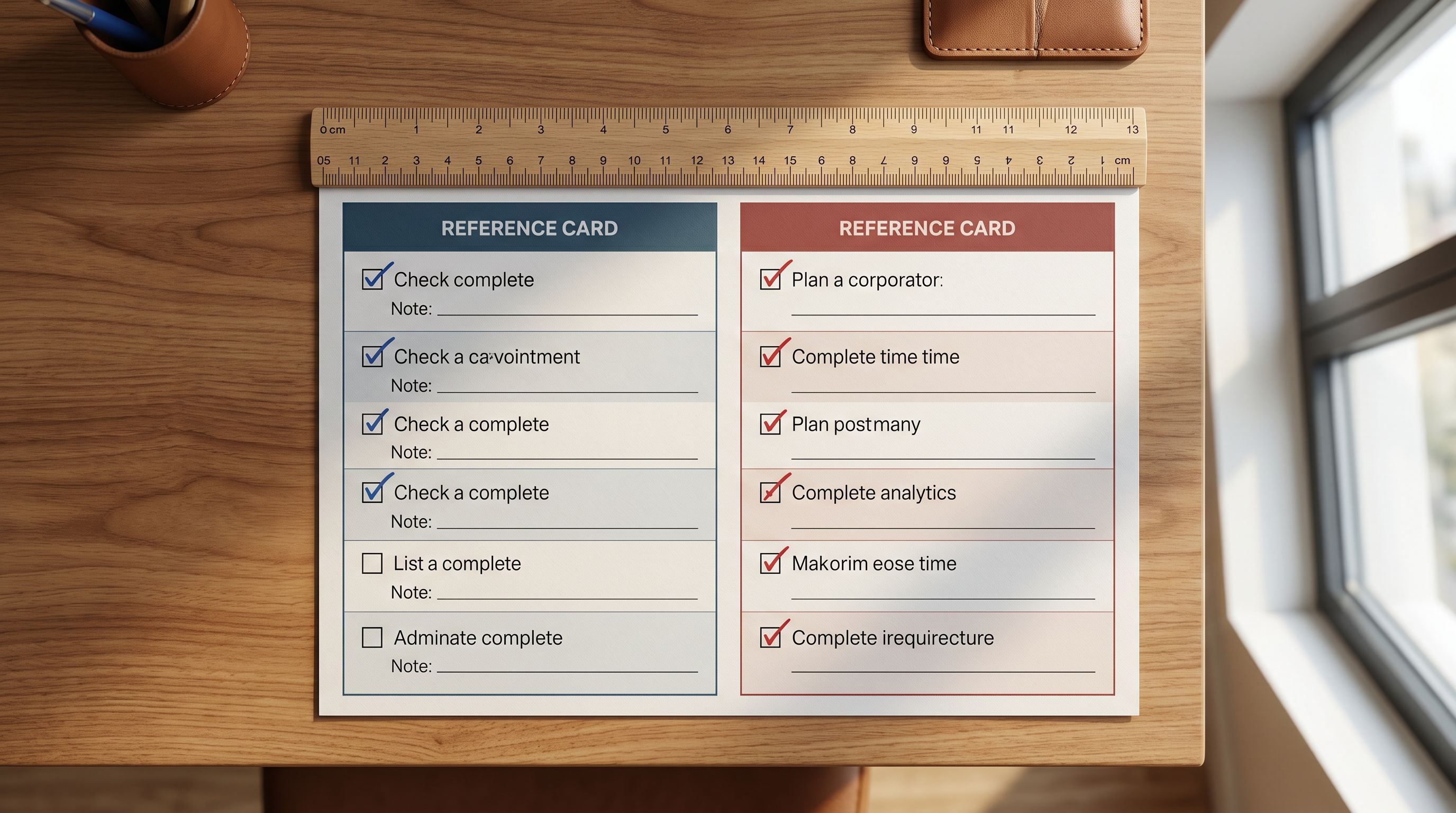 Printed efficient checklist reference card on a desk showing the 12 checks divided into two groups: configuration checks completed once per supplier on the left and data-level checks verified per import batch on the right, with check marks in different colours.