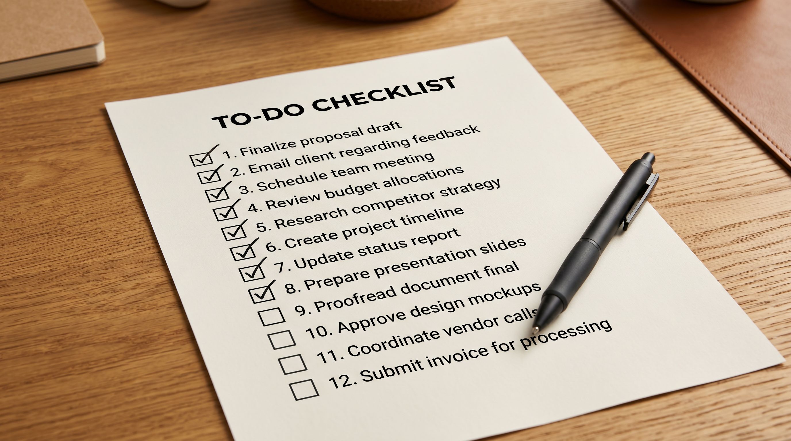 Printed 12-point product import verification checklist on a desk with several boxes ticked and a pen resting beside it, ready to confirm a Shopify product import.