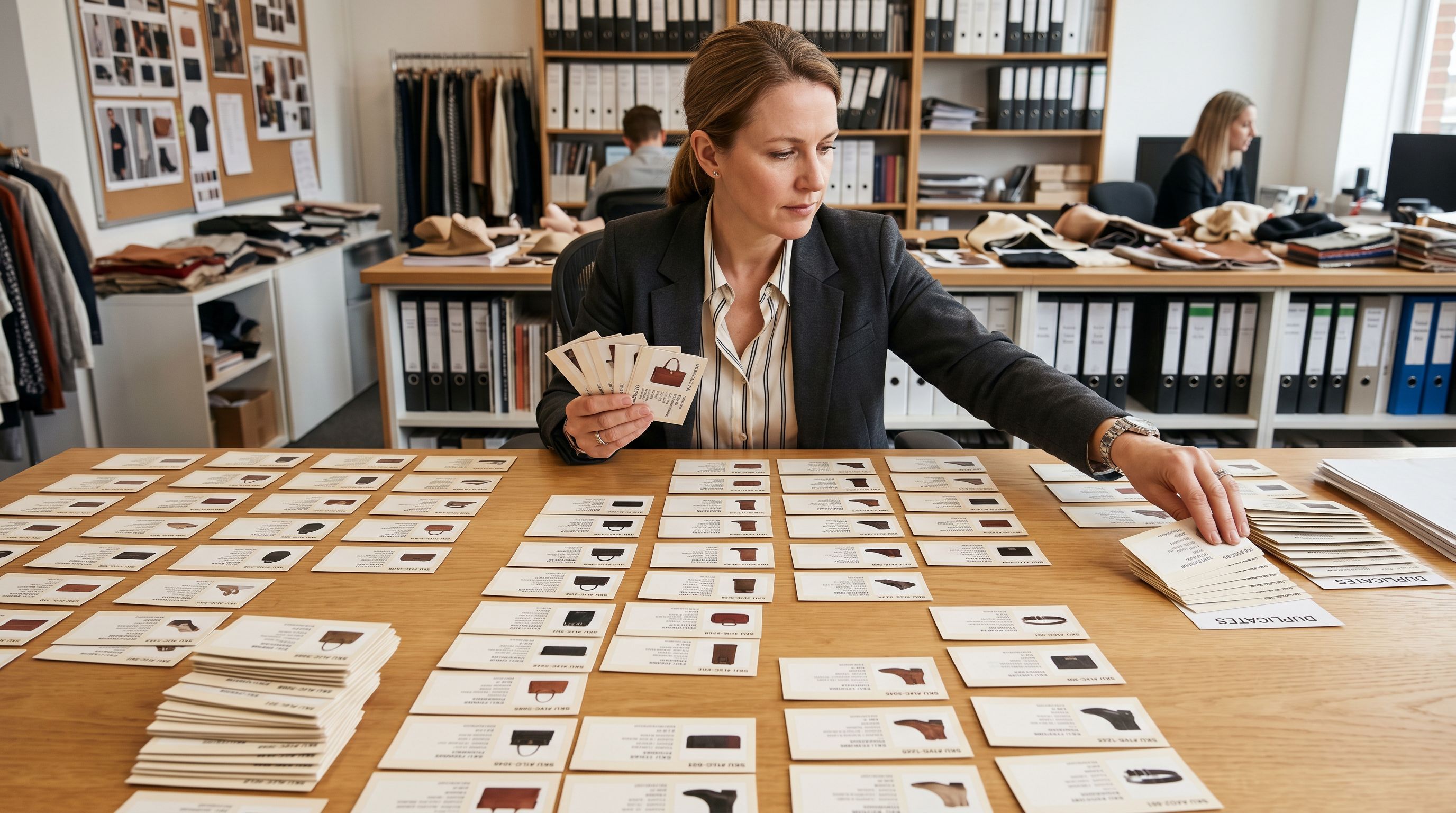 Retail buyer sorting through duplicate product catalogue cards spread on a table, identifying and removing extra copies.