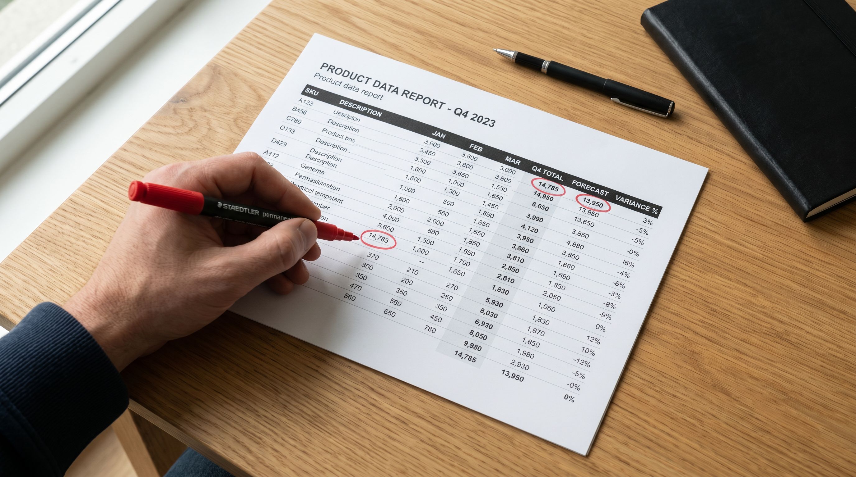 Printed product data report on a desk with a red marker circling key figures in two columns.