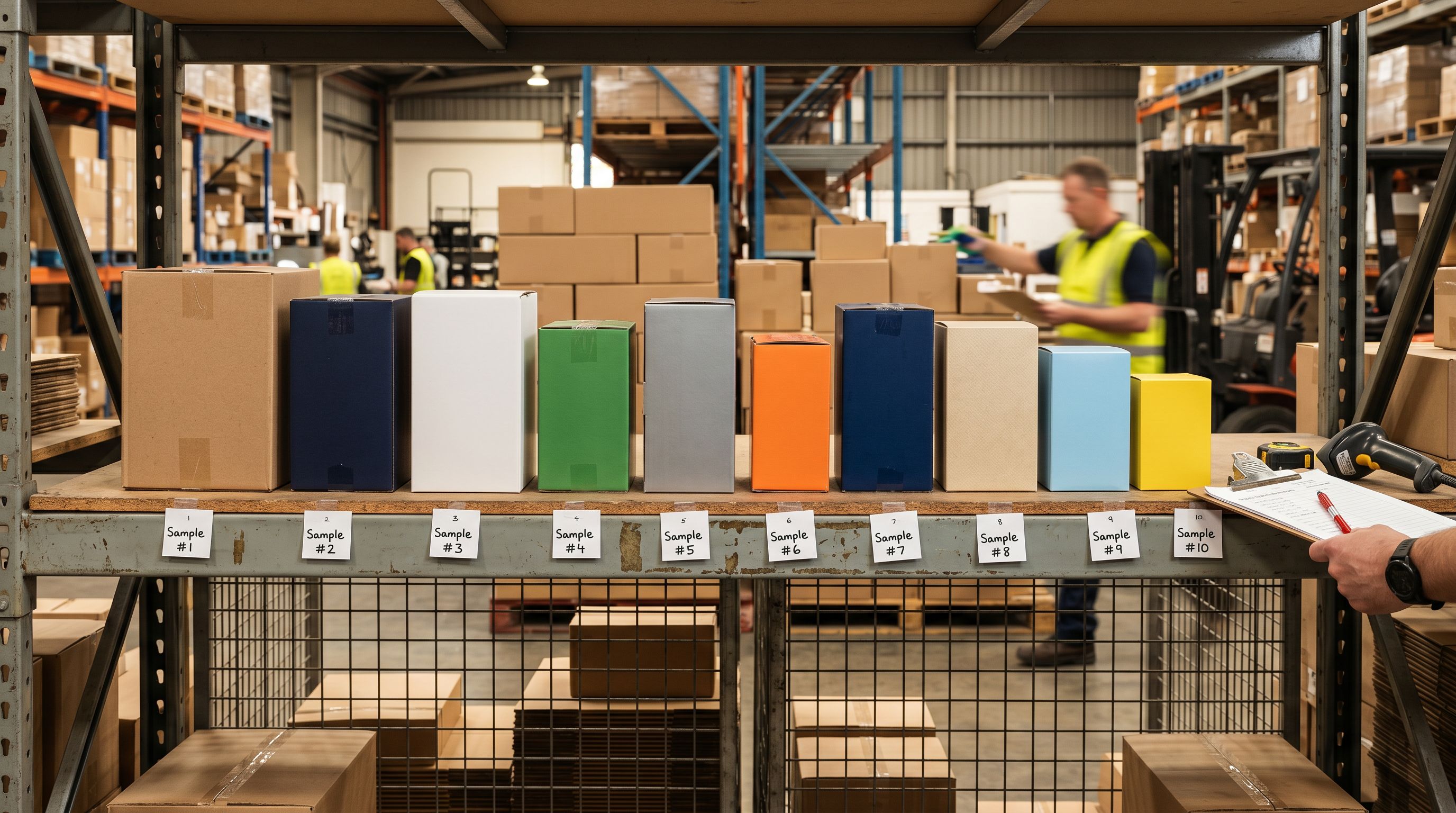 Small selection of mixed retail product boxes lined up on a warehouse inspection shelf being quality checked.
