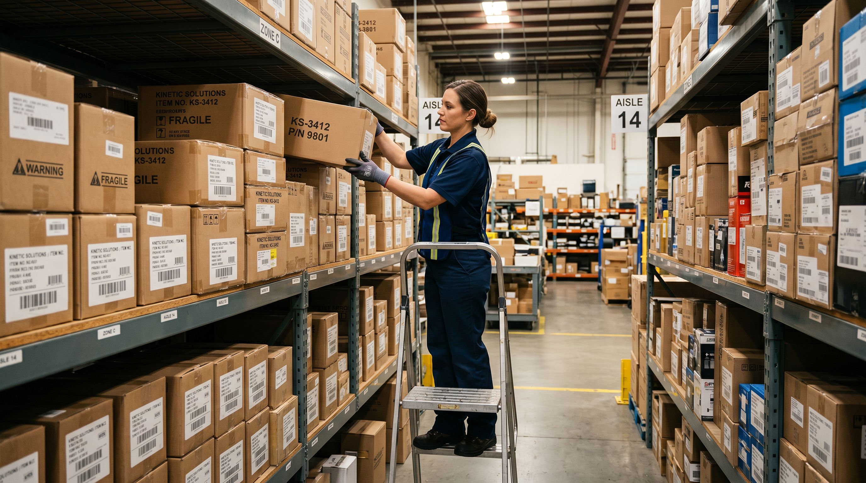 Warehouse worker returning stacked product boxes to their original organised shelf positions after a stock error.