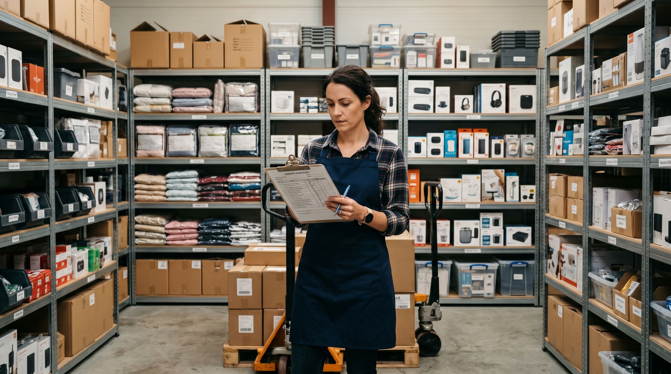 Retail merchant holding a printed quality checklist in a small warehouse with organised product shelves behind them.