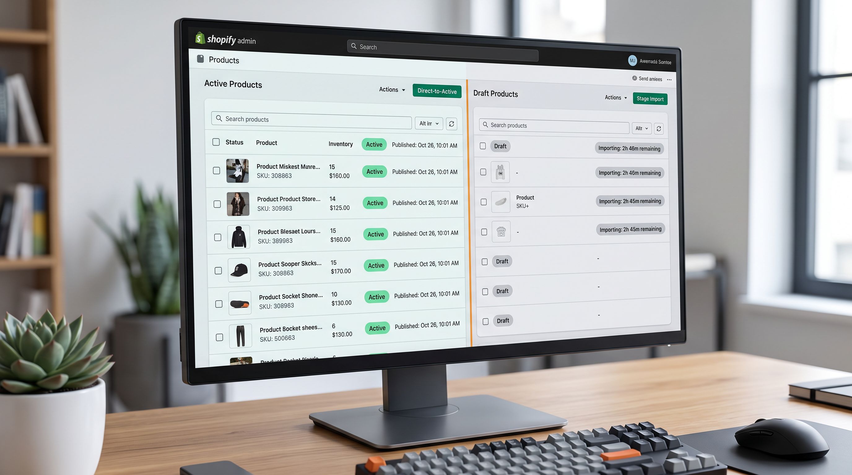 A Shopify admin product list view on a monitor showing two columns: the left column showing products with Active status and a live date stamp, and the right column showing the same products with Draft status with an edit pending indicator, demonstrating the difference between direct-to-active and staged import modes, sharp focus, colour photography.