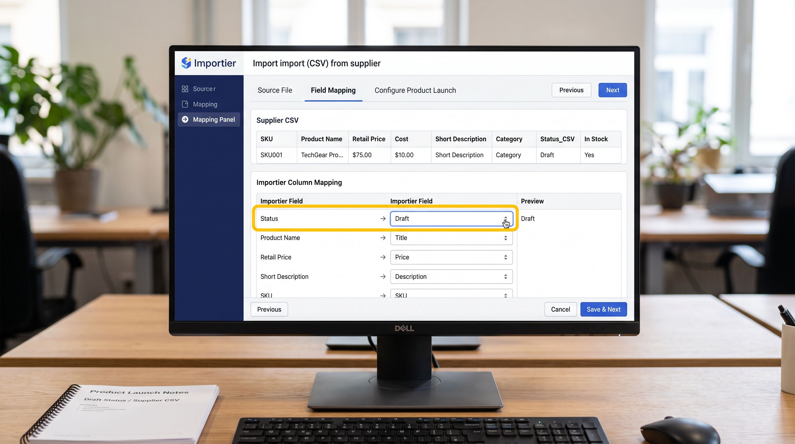 An Importier import wizard column mapping interface on a monitor showing the Status field mapped to Draft with a dropdown selector, the rest of the column mappings visible below, a clear indication that all imported products will arrive as Draft regardless of supplier file content, sharp focus, colour photography.