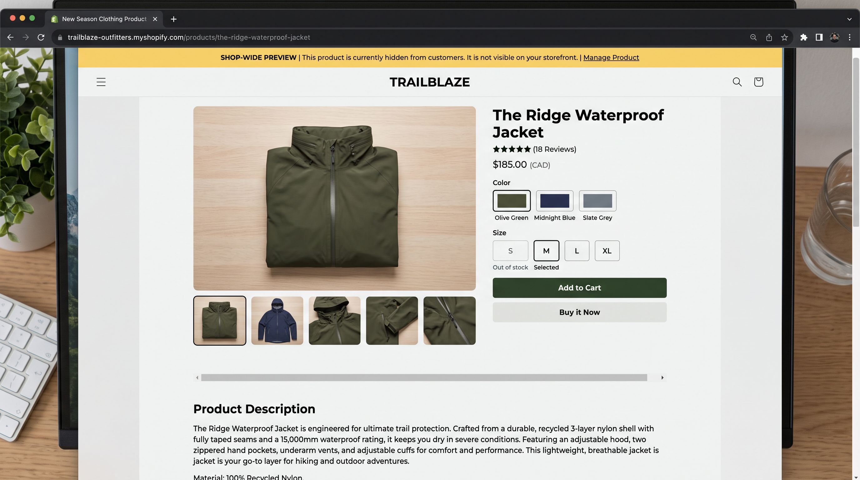 A Shopify product page preview rendered in a browser showing a new season clothing product with its full product page layout: a product image gallery on the left, product title price and variant picker on the right, a product description below, and a collection breadcrumb at the top, displayed in preview mode with a banner indicating the product is not yet published, sharp focus, colour photography.