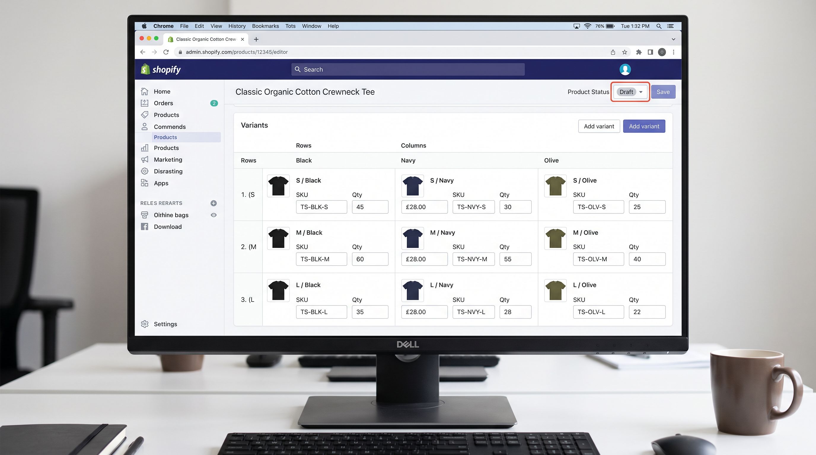 A Shopify product admin page on a monitor showing the Variants section for a clothing product with a size and colour variant grid: Small Medium Large on one axis and Black Navy Olive on the other, all nine combinations populated with individual SKU codes and inventory quantities, status set to Draft visible in the top right corner, sharp focus, colour photography.