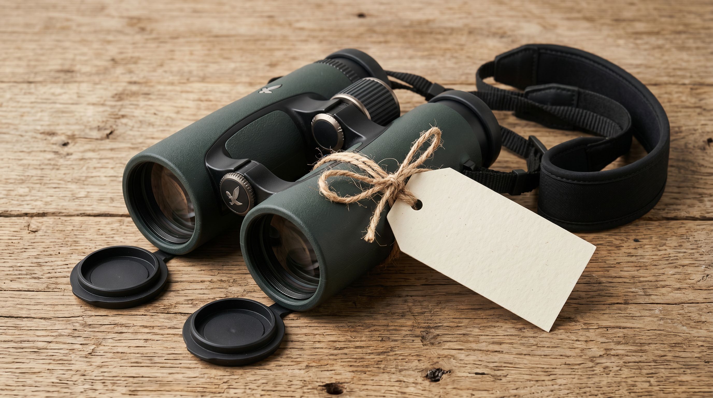 Pair of binoculars with a cream product tag tied in natural twine resting on a wooden surface.