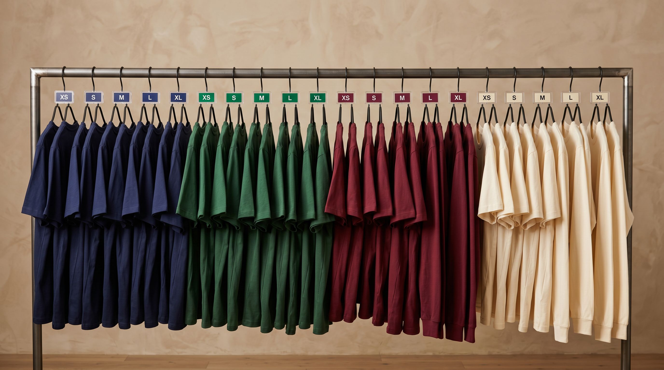 Commercial clothing rack with colour-coded size divider tabs organising garments in uniform sections.