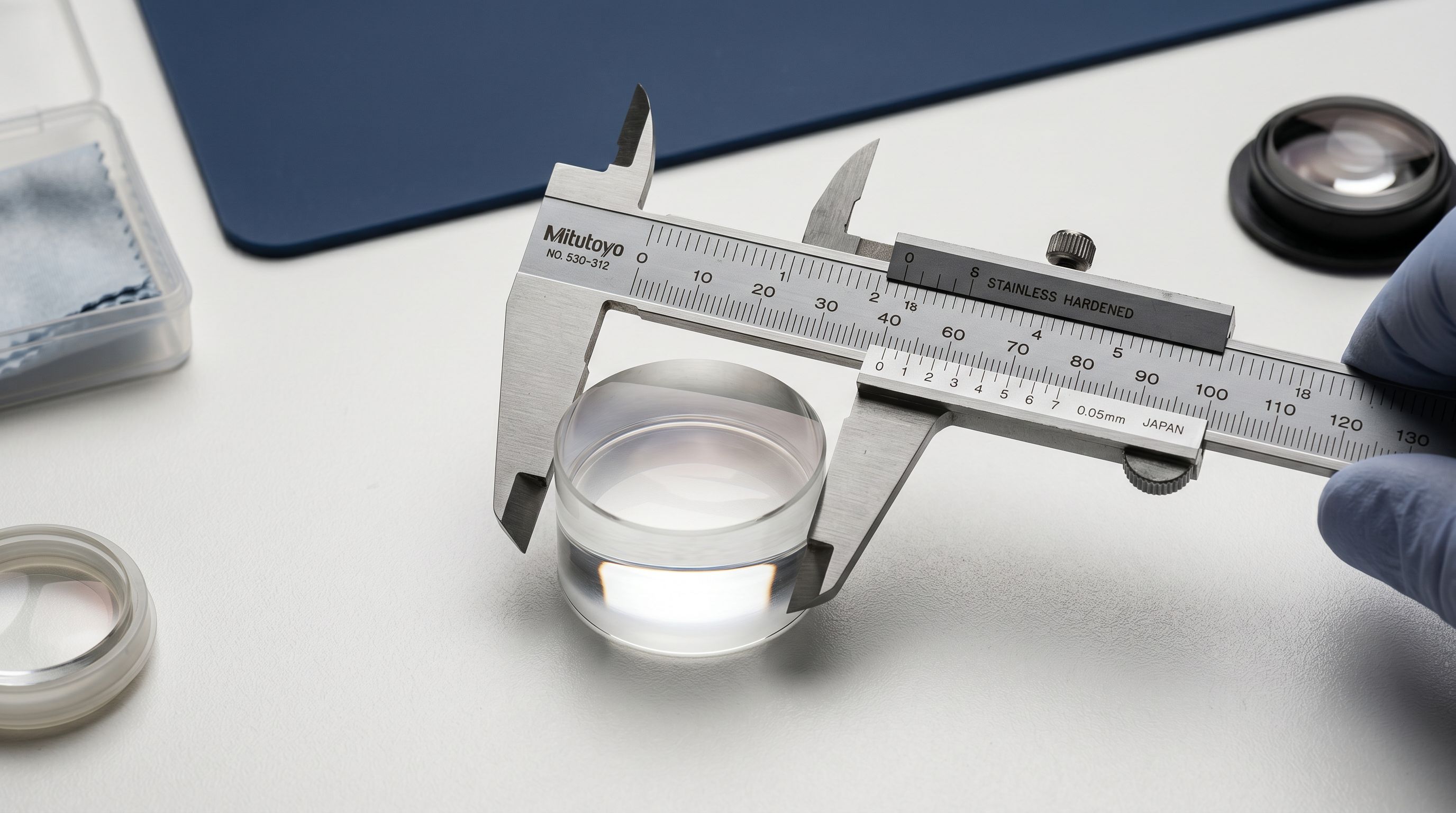 Precision stainless steel callipers measuring a cylindrical optical glass lens on a white surface.
