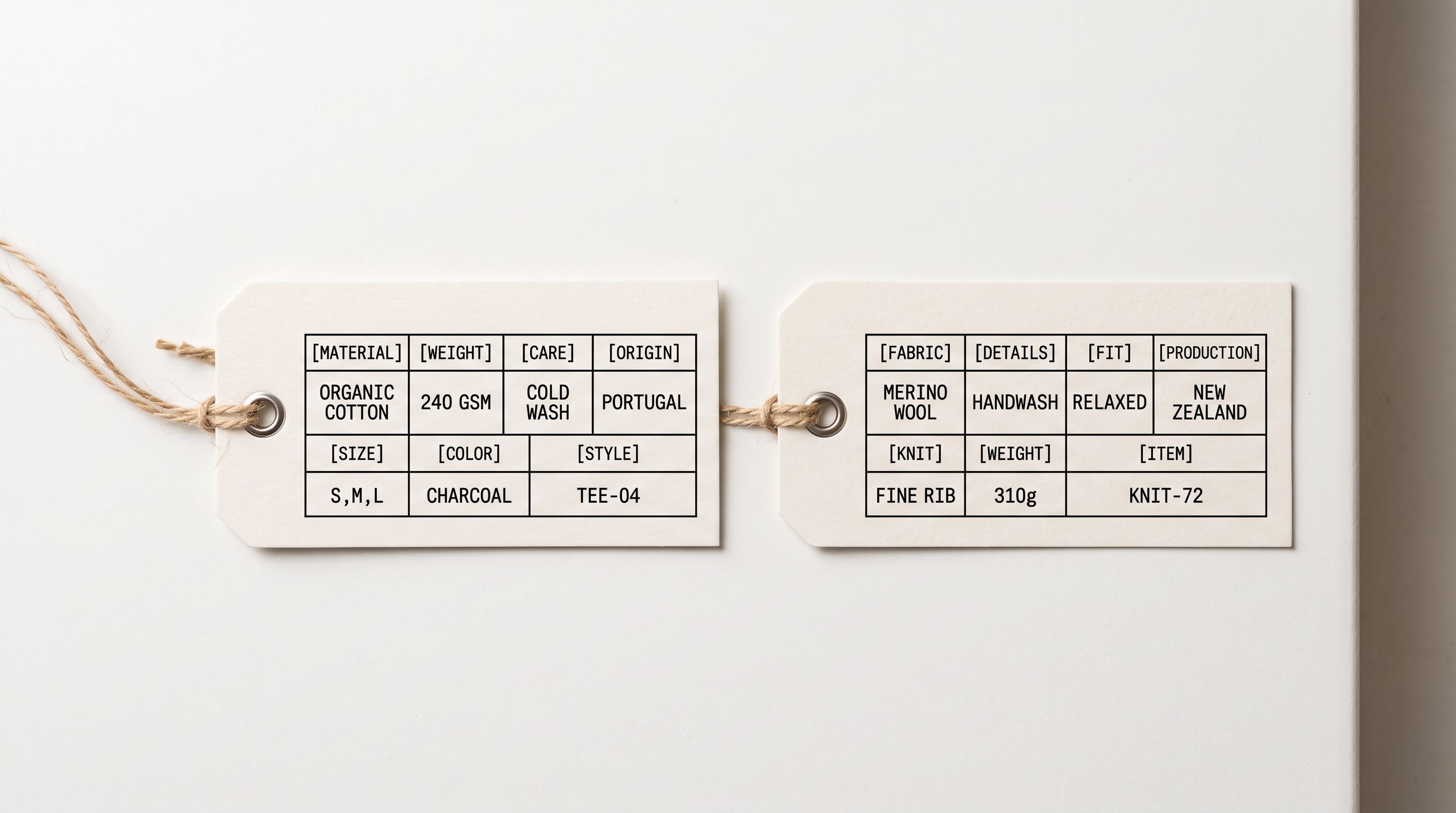 Two product hang tags placed side by side on a white retail display surface, both identical in shape but with different structured attribute grids printed on each.