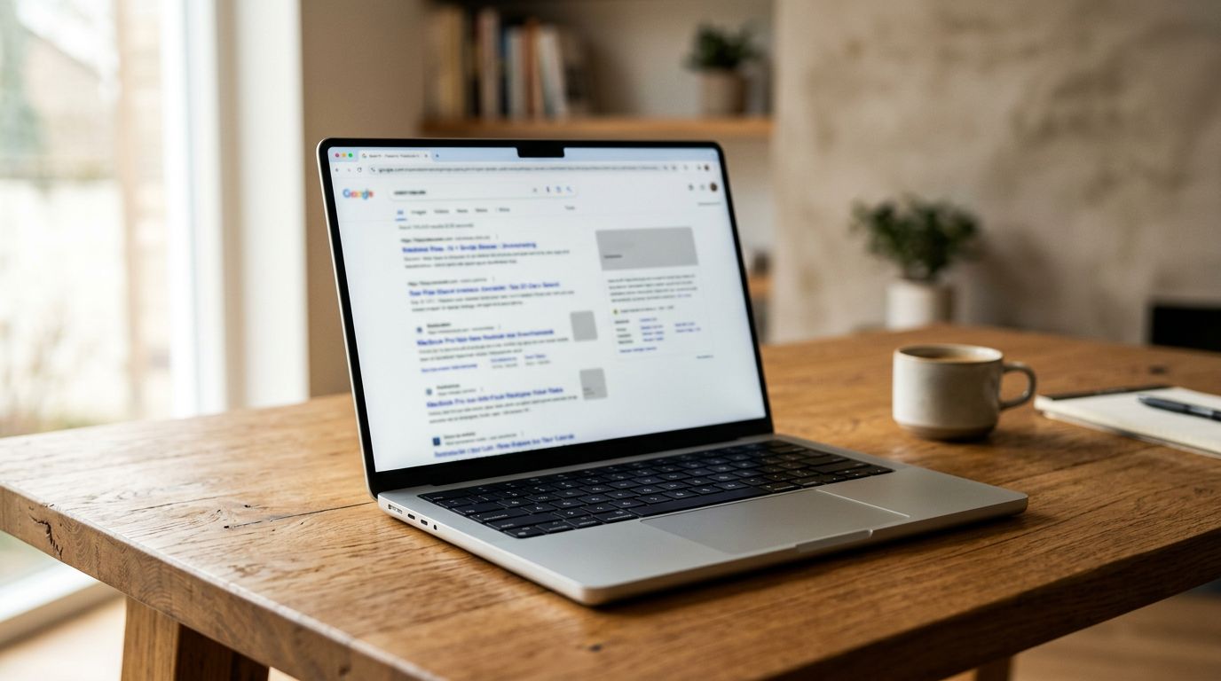 A laptop on a desk showing a search results page with rich snippet results highlighted, soft studio lighting.