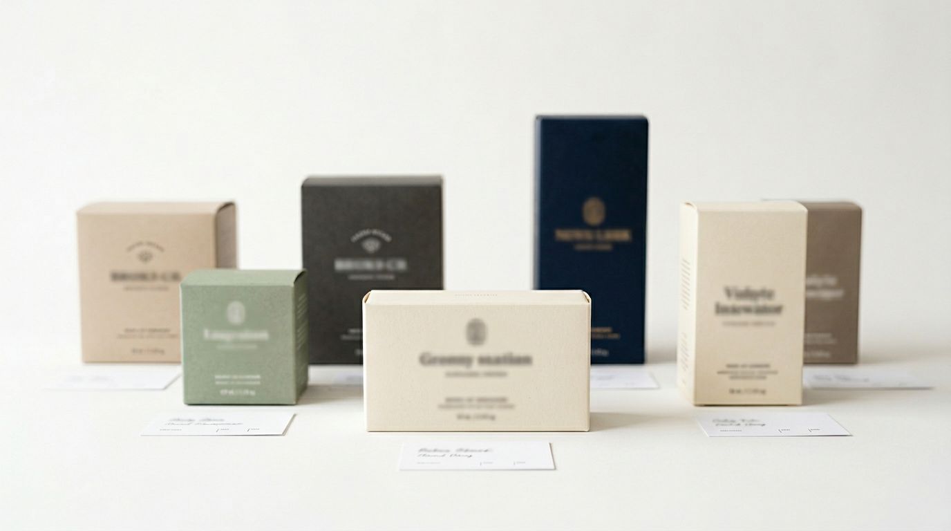 Several product boxes on a clean surface with small question mark cards placed beside them, soft studio lighting.