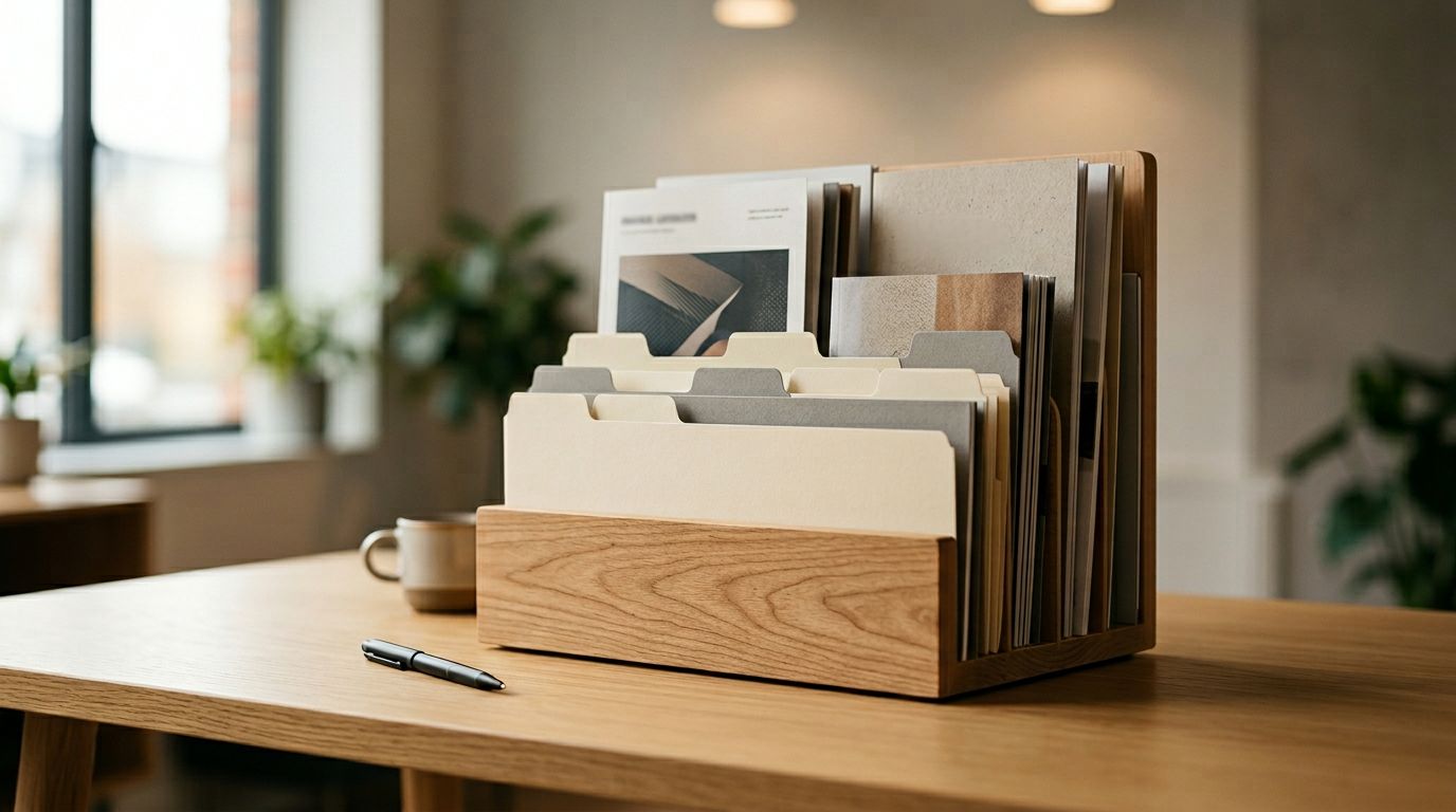 A hand writing on a notepad with question marks drafted, product packaging in the soft background.
