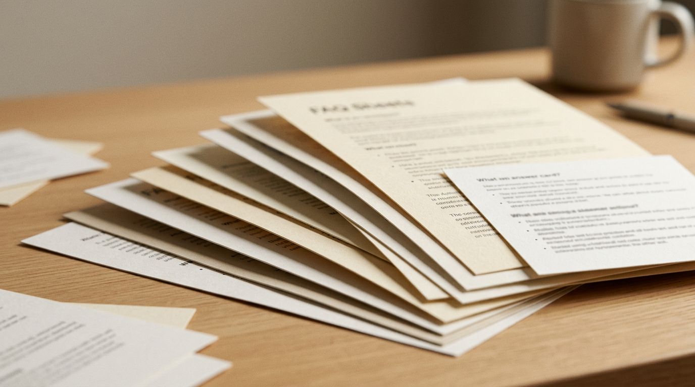 Printed FAQ pages spread on a desk with a laptop in the background, warm overhead studio lighting.