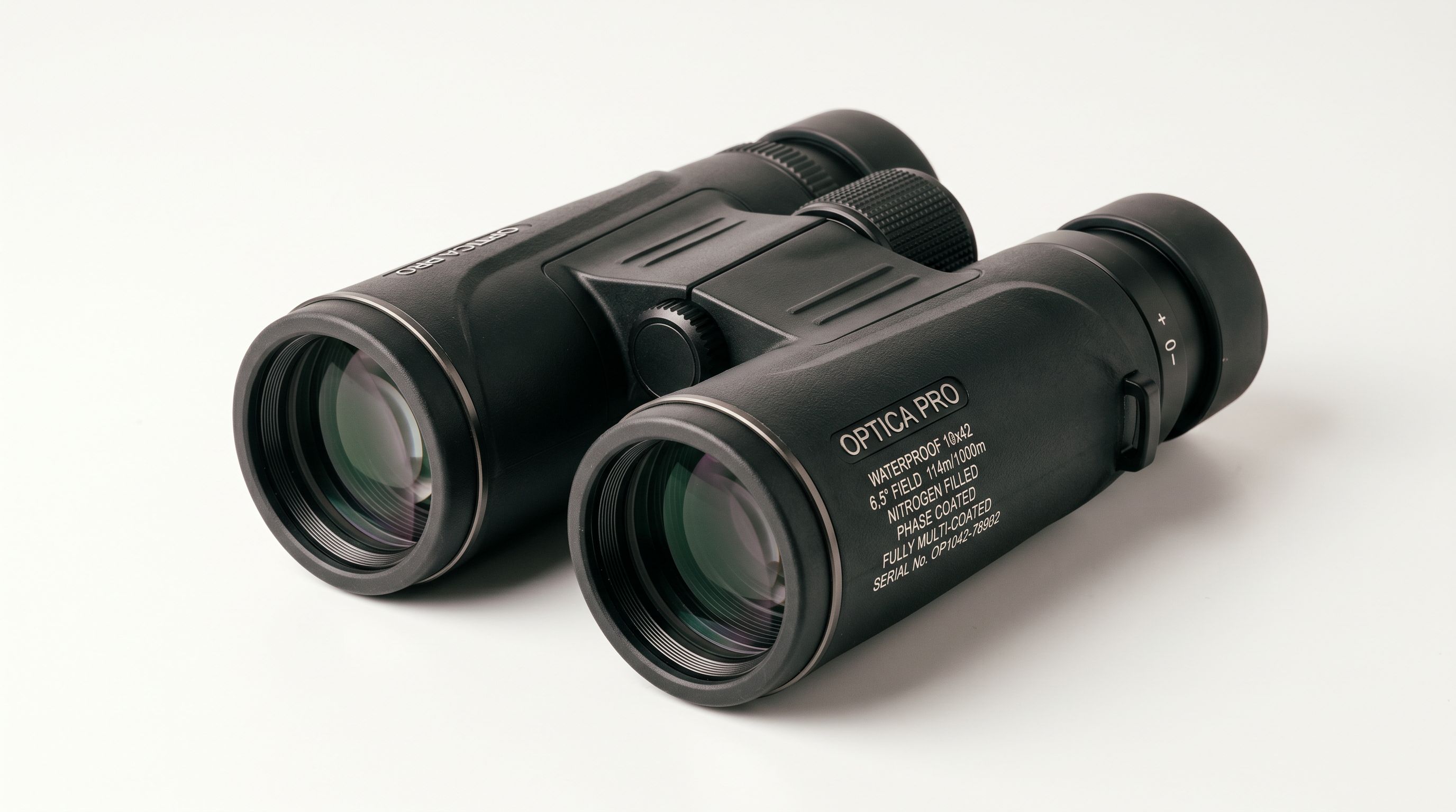 Precision optical binoculars showing barrel magnification markings representing extractable product specifications.