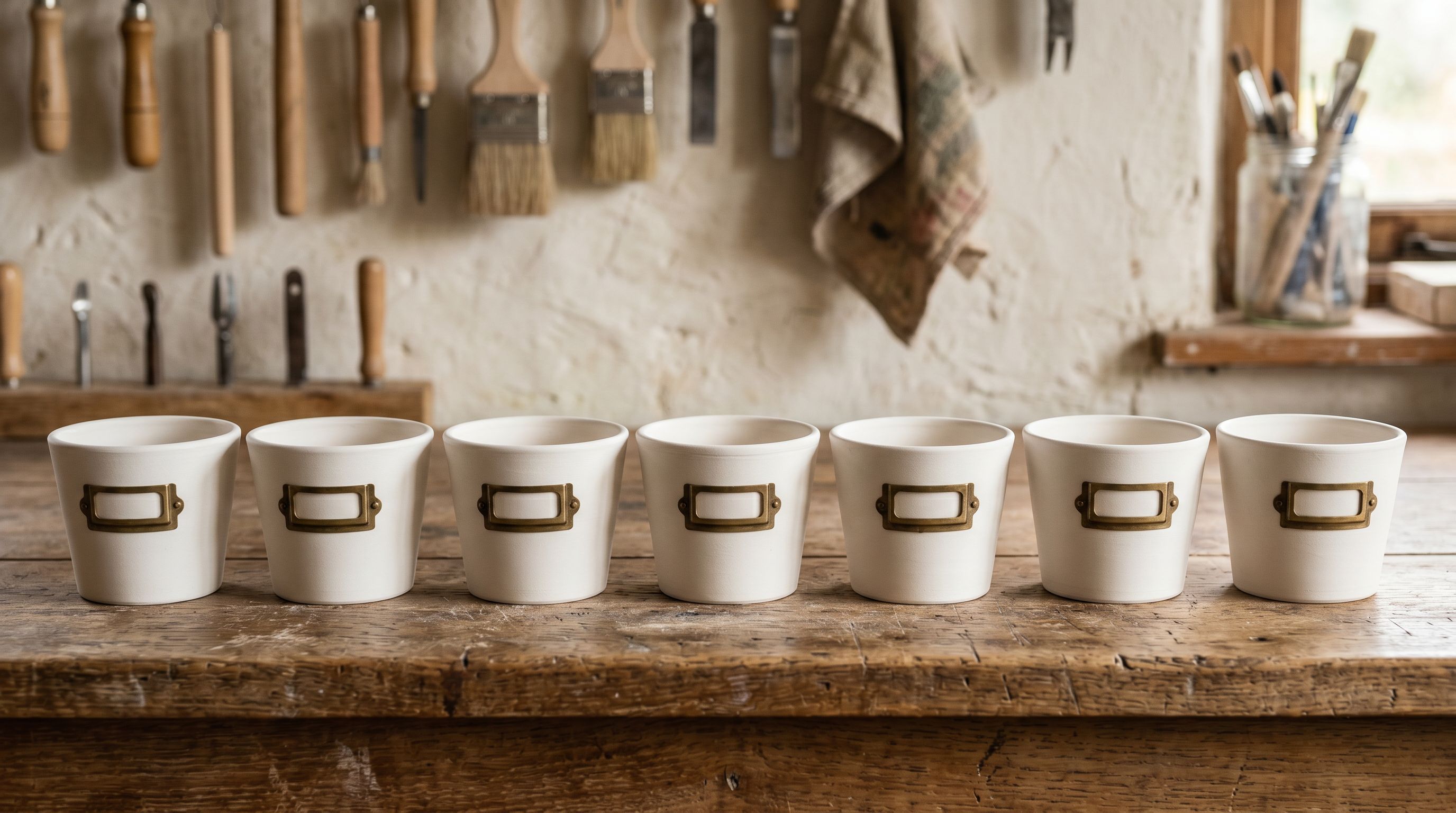 Row of white ceramic pots with empty label holders on a workshop shelf representing unfilled specification fields.