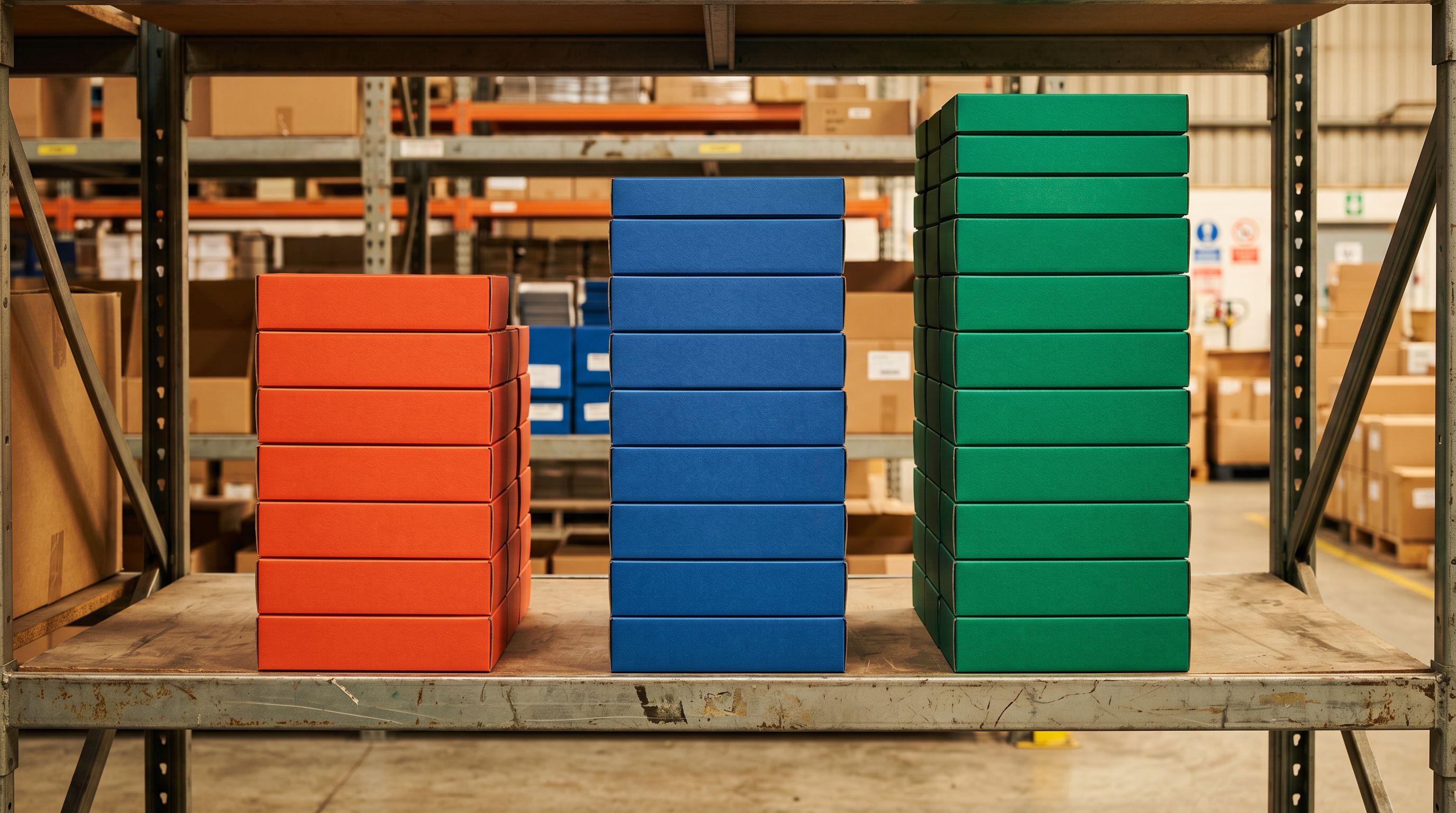 Three colour-coded product packaging stacks arranged on warehouse shelving representing sequential catalogue import passes.