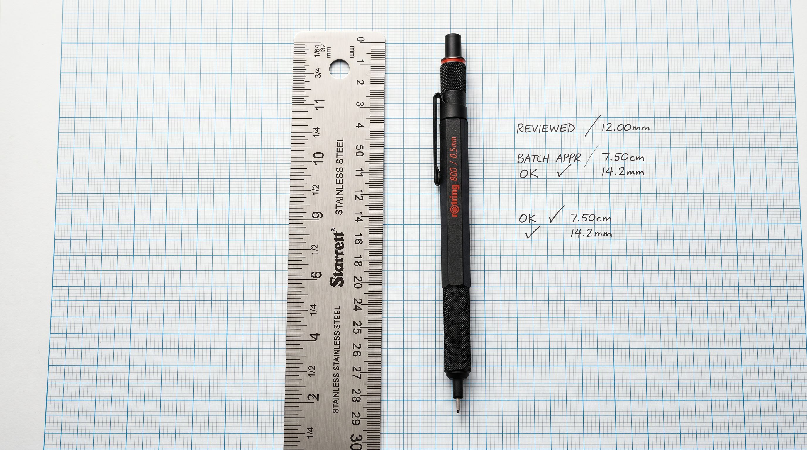 Stainless steel precision ruler and mechanical pencil on graph paper representing careful review before batch confirmation.