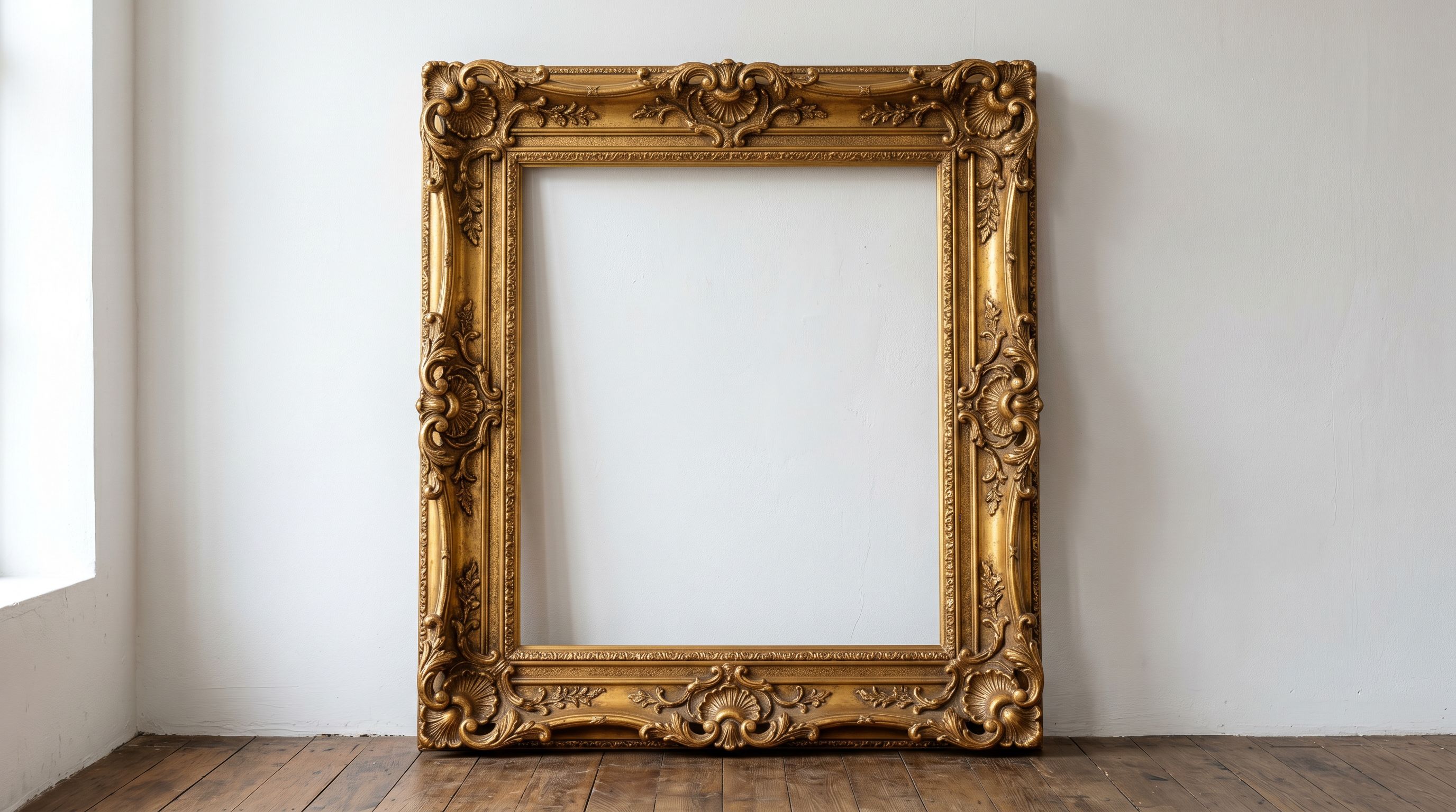 A single ornate gilded picture frame leaning against a white wall, completely empty inside.