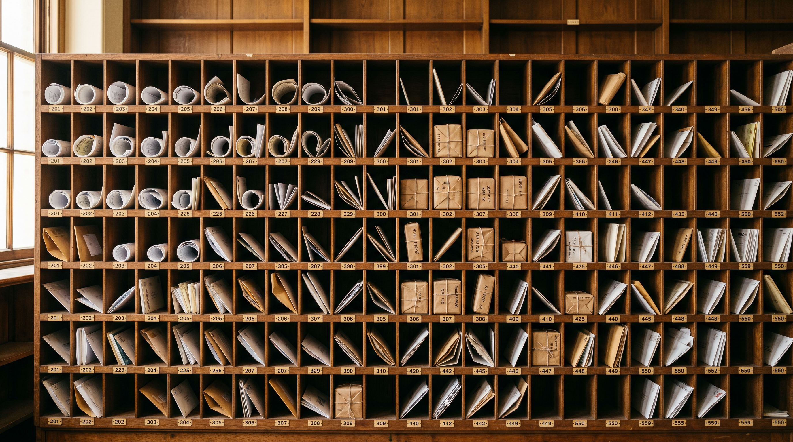 A wall of wooden postal pigeonhole compartments, each slot numbered and some containing packages, representing structured product data organisation.