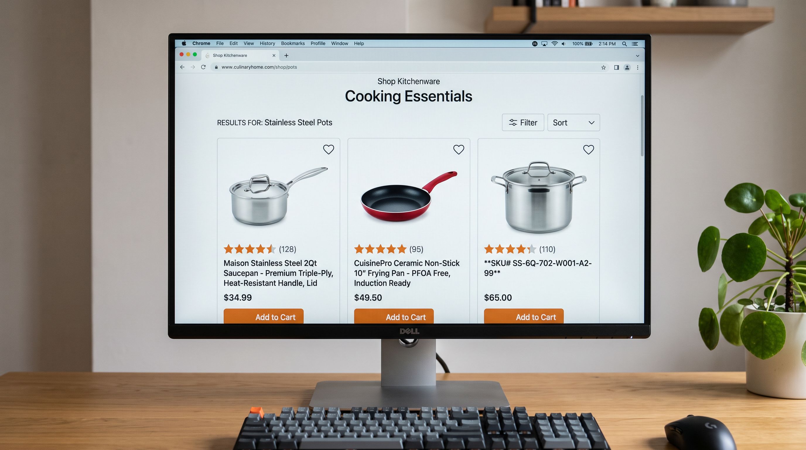 A monitor screen showing a product listing grid with three different title formats visible in adjacent product cards, two in clean readable format and one showing a SKU code as the title, sharp focus on the screen, colour photography.