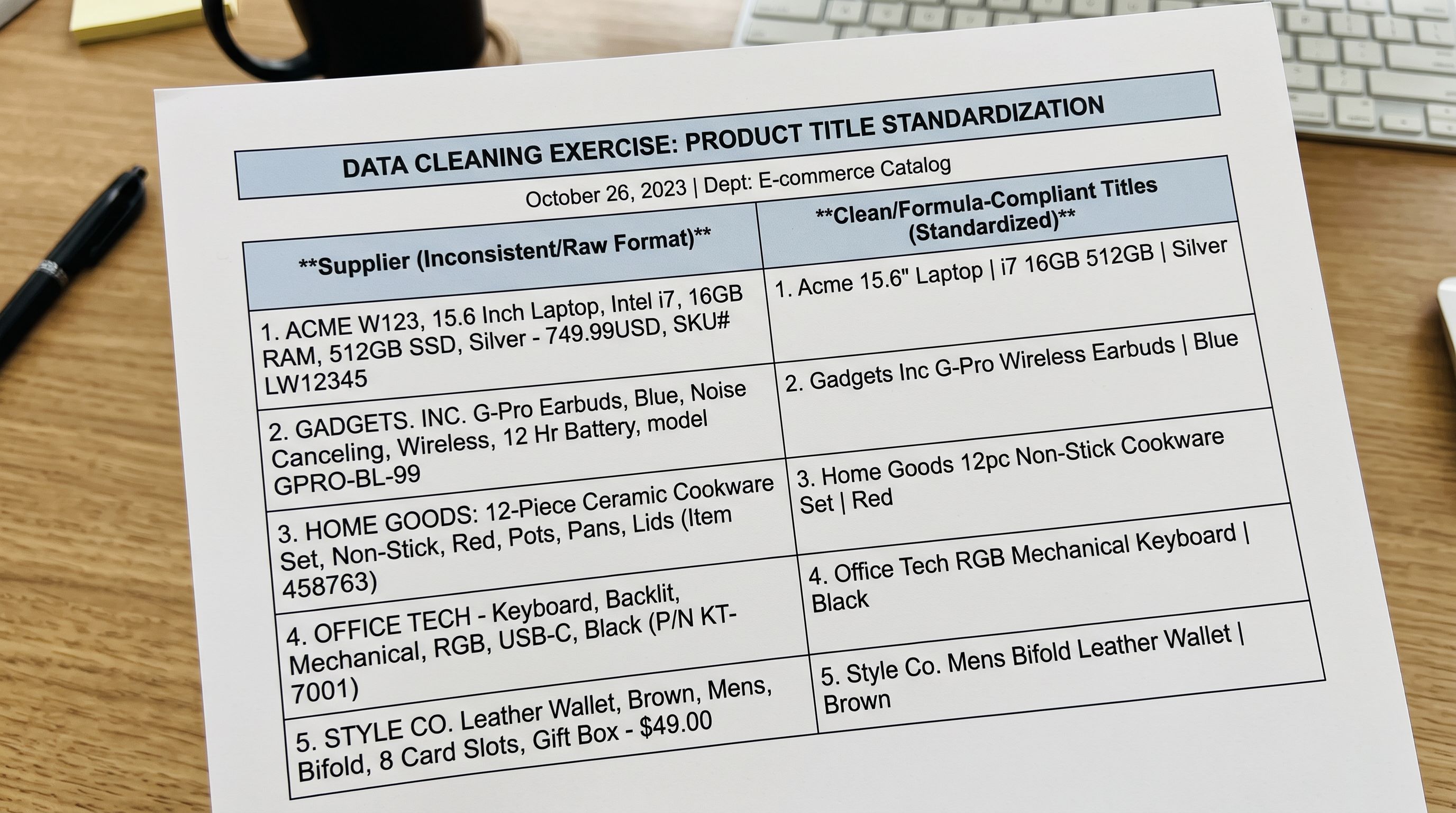 A printed worksheet showing two columns of product titles, the left column with inconsistent supplier formats and the right column showing the same products reformatted according to a title formula, sharp focus, colour photography.