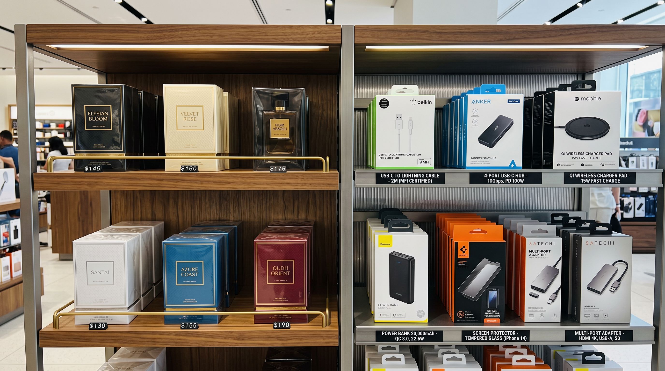 A retail shelf holding two contrasting product categories, luxury perfume boxes with elegant named titles on one side and electronics accessories with specification-based titles on the other, sharp focus throughout, colour photography.