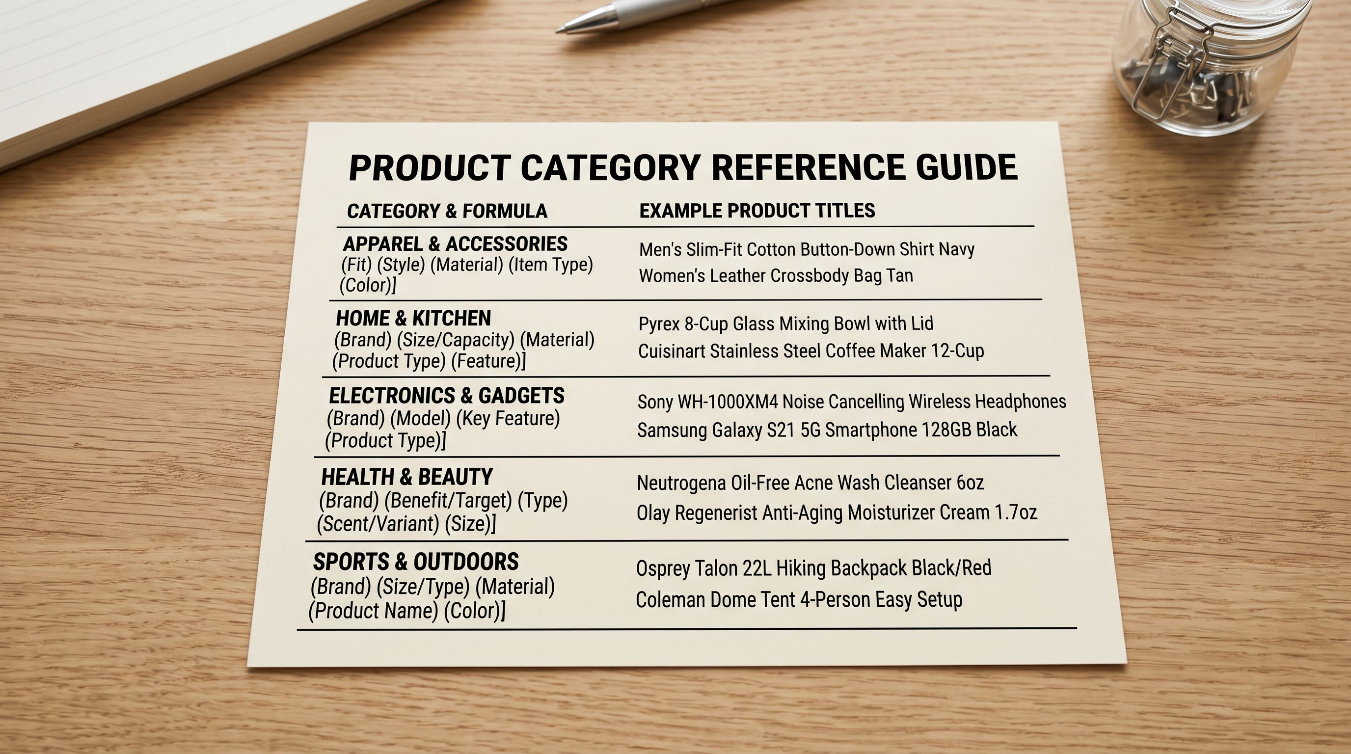 A printed reference card showing five rows of product category title formulas with example titles beside each formula, laid flat on a desk, sharp focus throughout, colour photography.