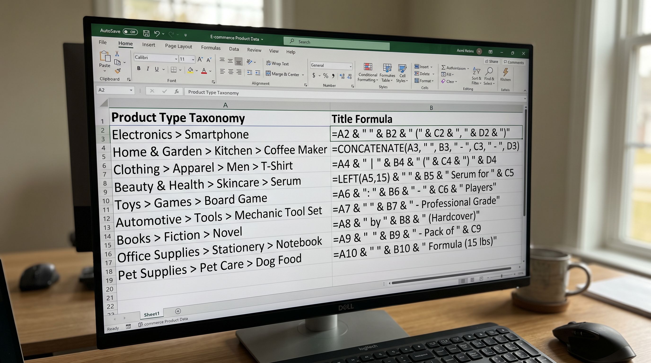 A monitor screen showing a product type taxonomy list in a shared spreadsheet with a second column beside it mapping each product type to its corresponding title formula, sharp focus on the screen, colour photography.