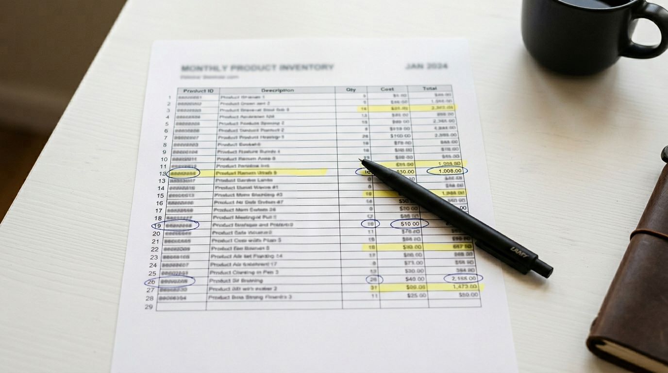 Overhead view of a printed spreadsheet on a white desk, columns of product data with some rows highlighted, a pen resting on the paper.