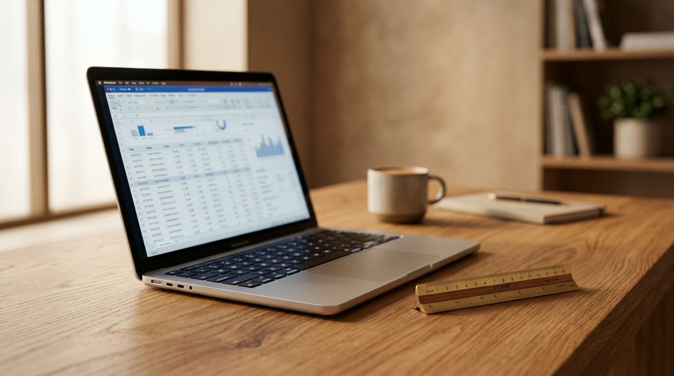 A laptop on a clean wooden desk showing a data table, a small ruler placed beside it, soft warm side lighting.