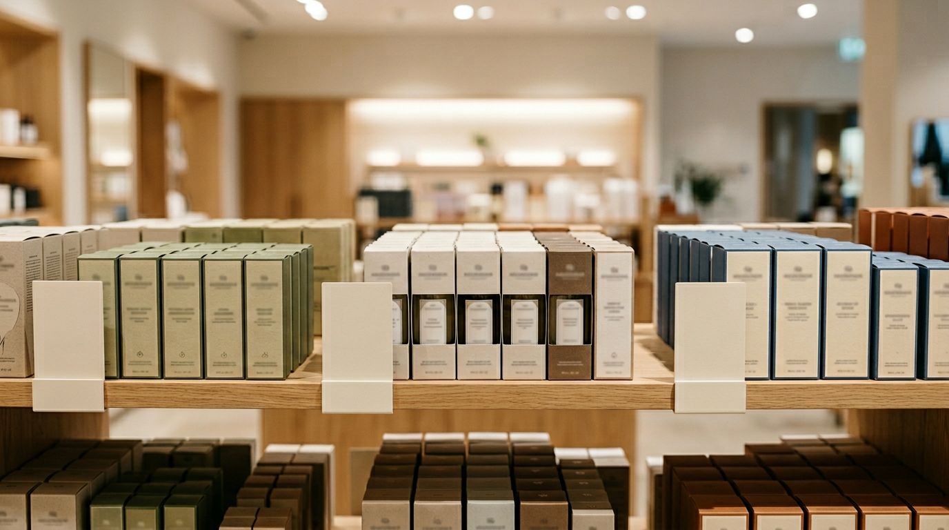 Neat rows of product boxes on a retail shelf with small category divider cards between sections, soft studio lighting from above.