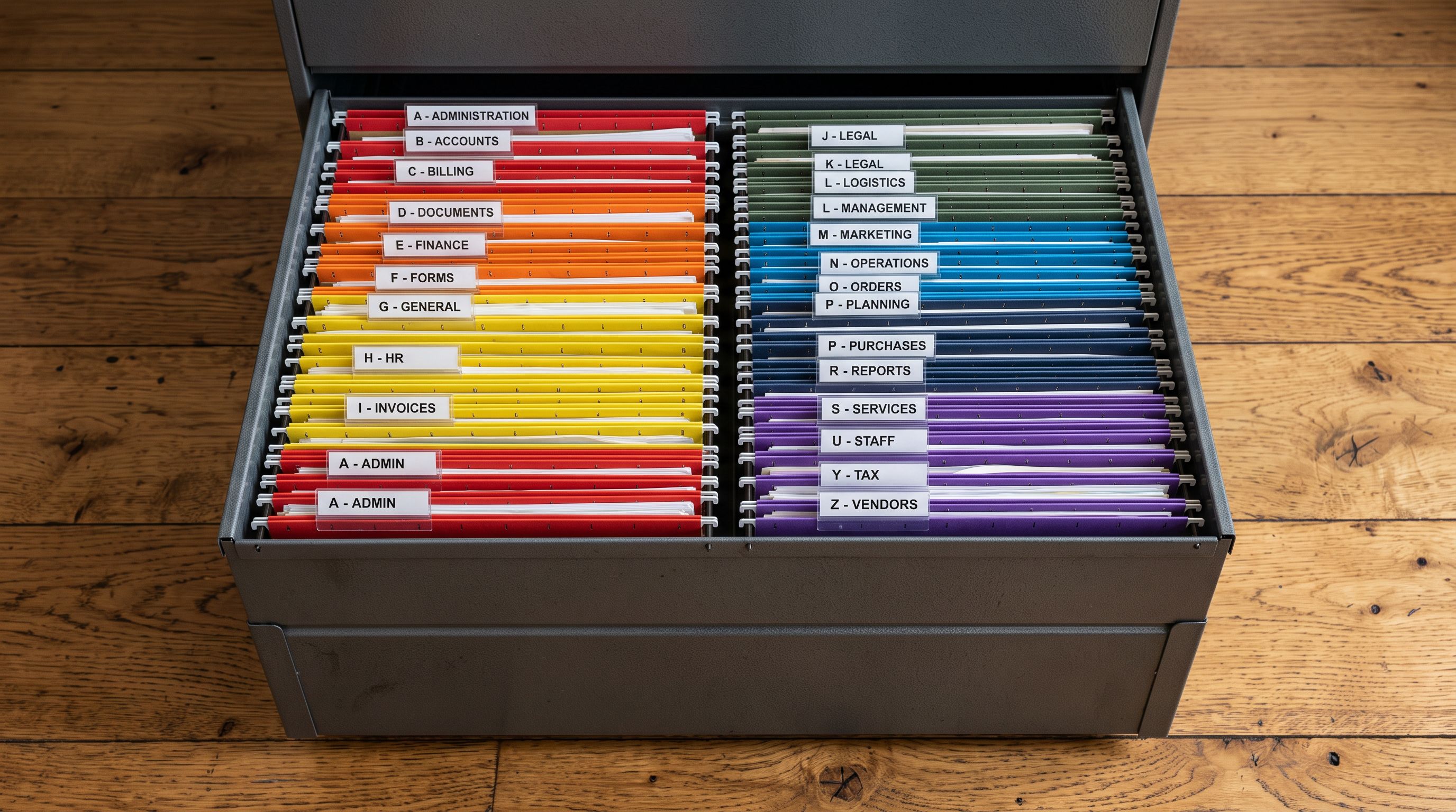 Labelled dividers in a physical filing cabinet organising folders by correct category names, bright office environment.