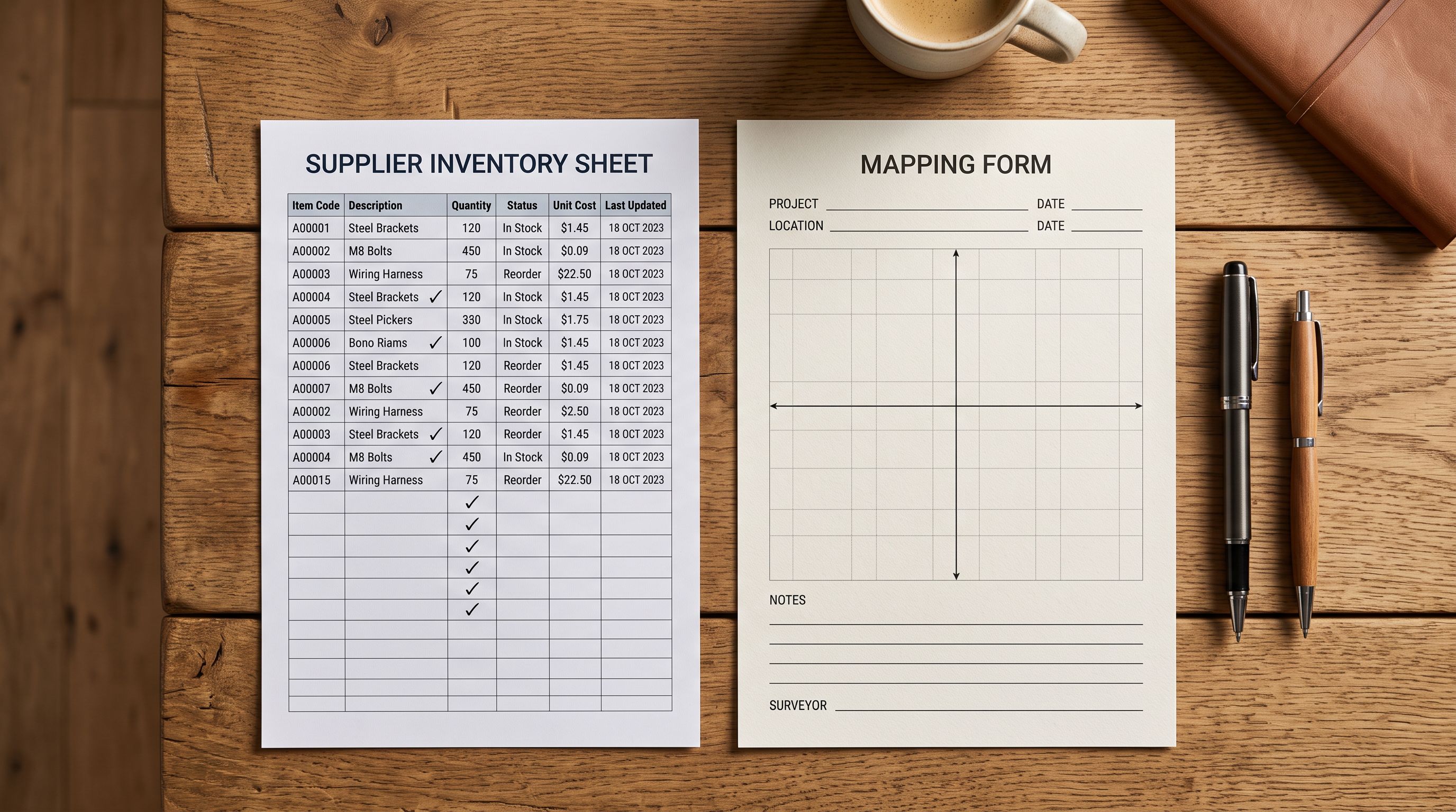 A printed supplier inventory sheet beside a blank field mapping form with two pens ready to use.