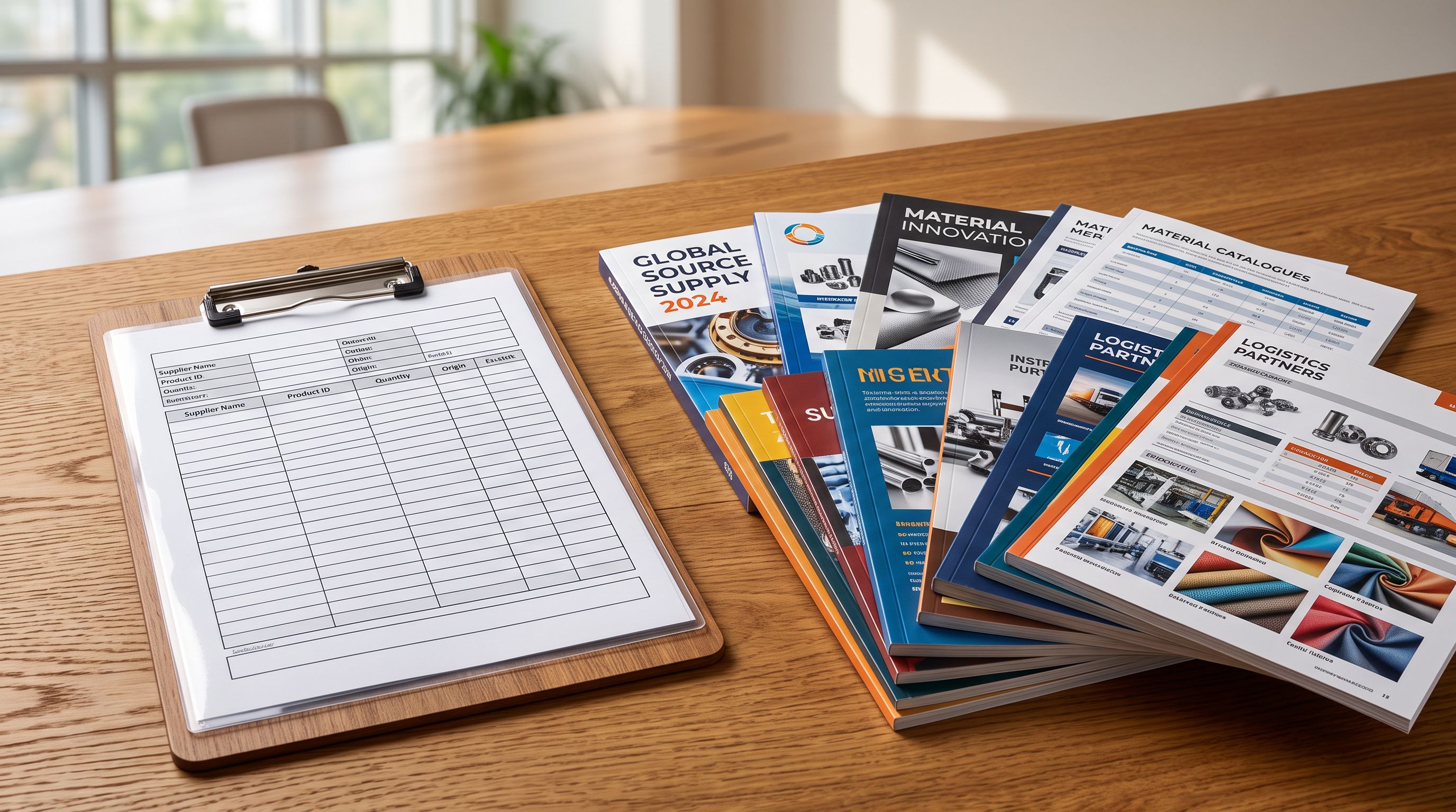 A reusable import template form in a plastic sleeve on a clipboard beside fanned supplier catalogues on a timber table.