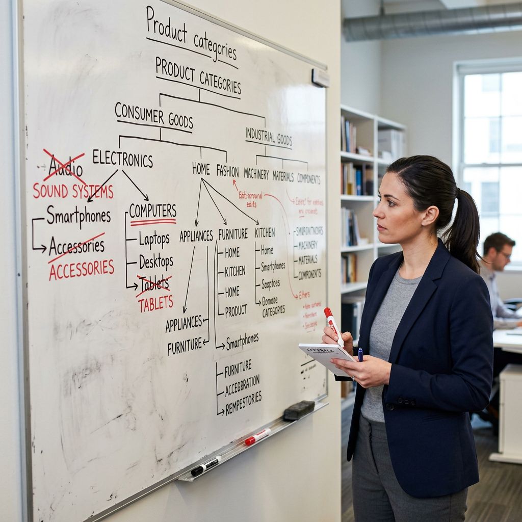 A whiteboard covered in handwritten product category names arranged in a hierarchy diagram, some names crossed out and rewritten with a marker, sharp focus throughout, colour photography.