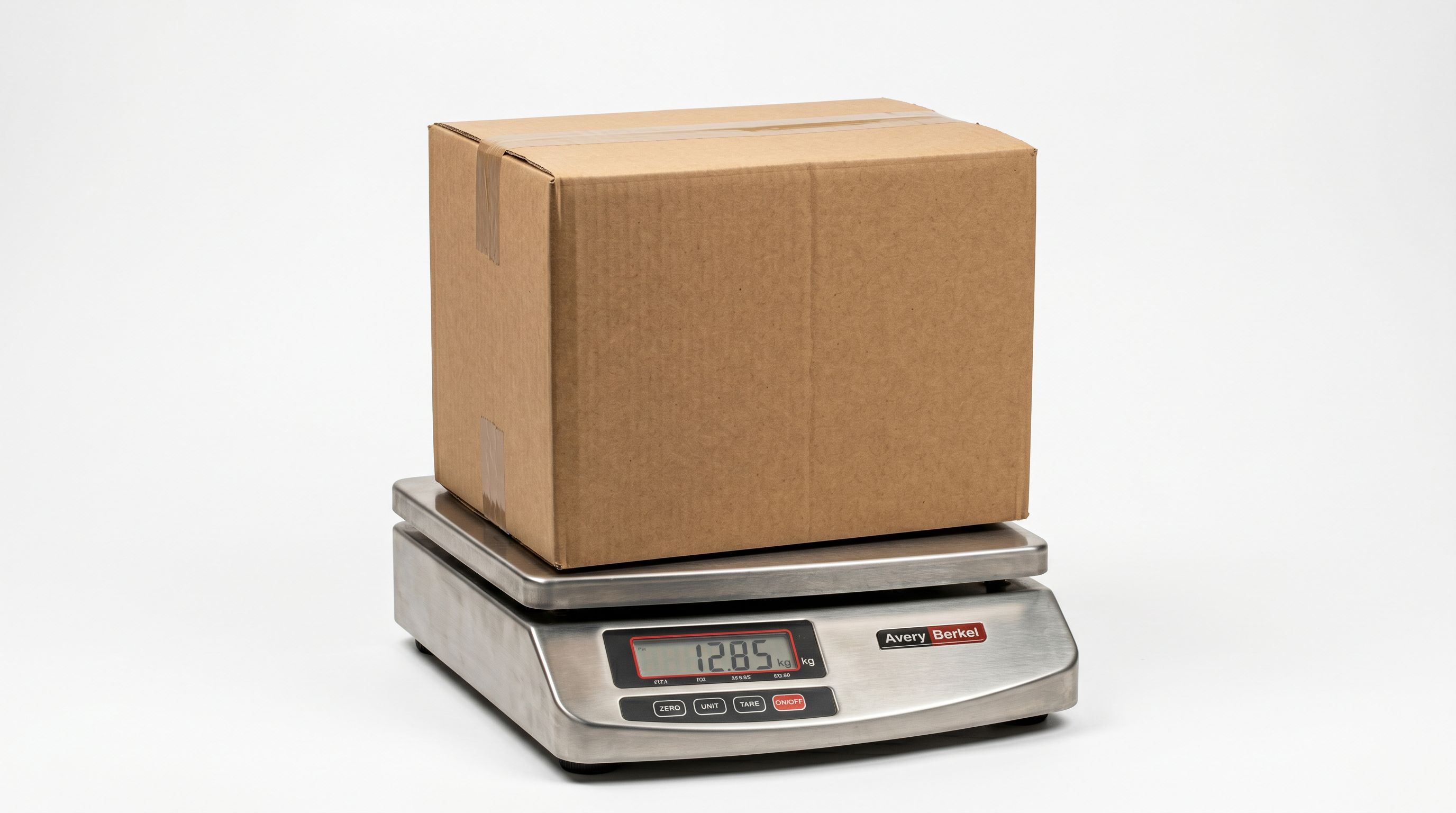 Sealed cardboard shipping box resting on a stainless steel postal weighing scale.