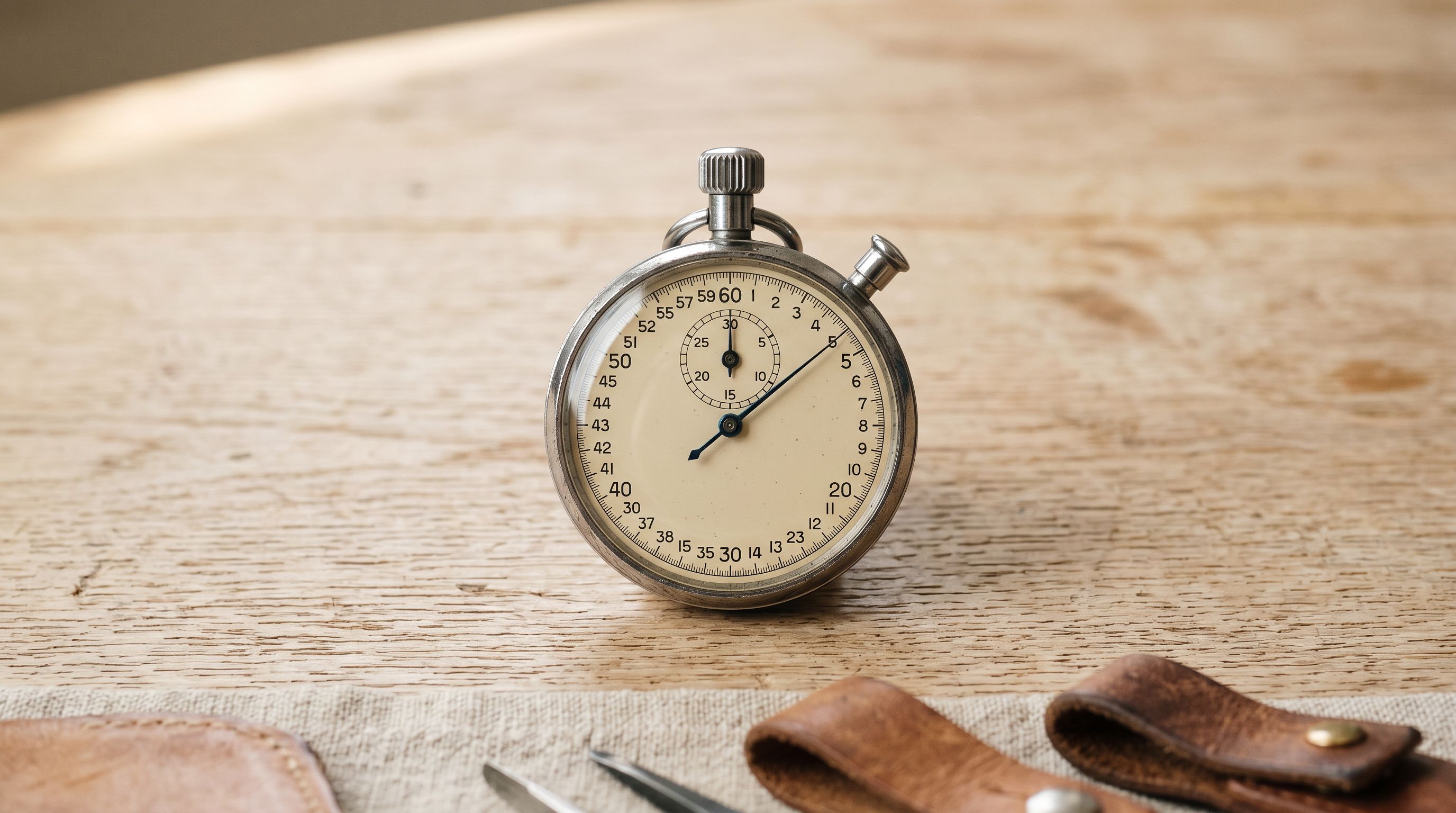 Vintage analogue stopwatch on a pale wooden surface representing the time cost of manual data entry.