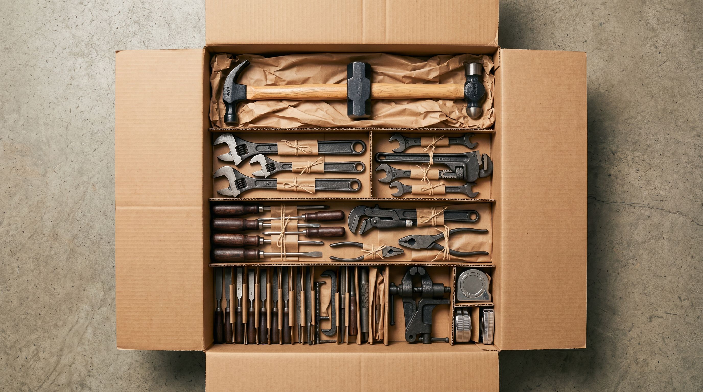 Open cardboard box filled with cast iron hand tools packed in rows with protective wrapping.