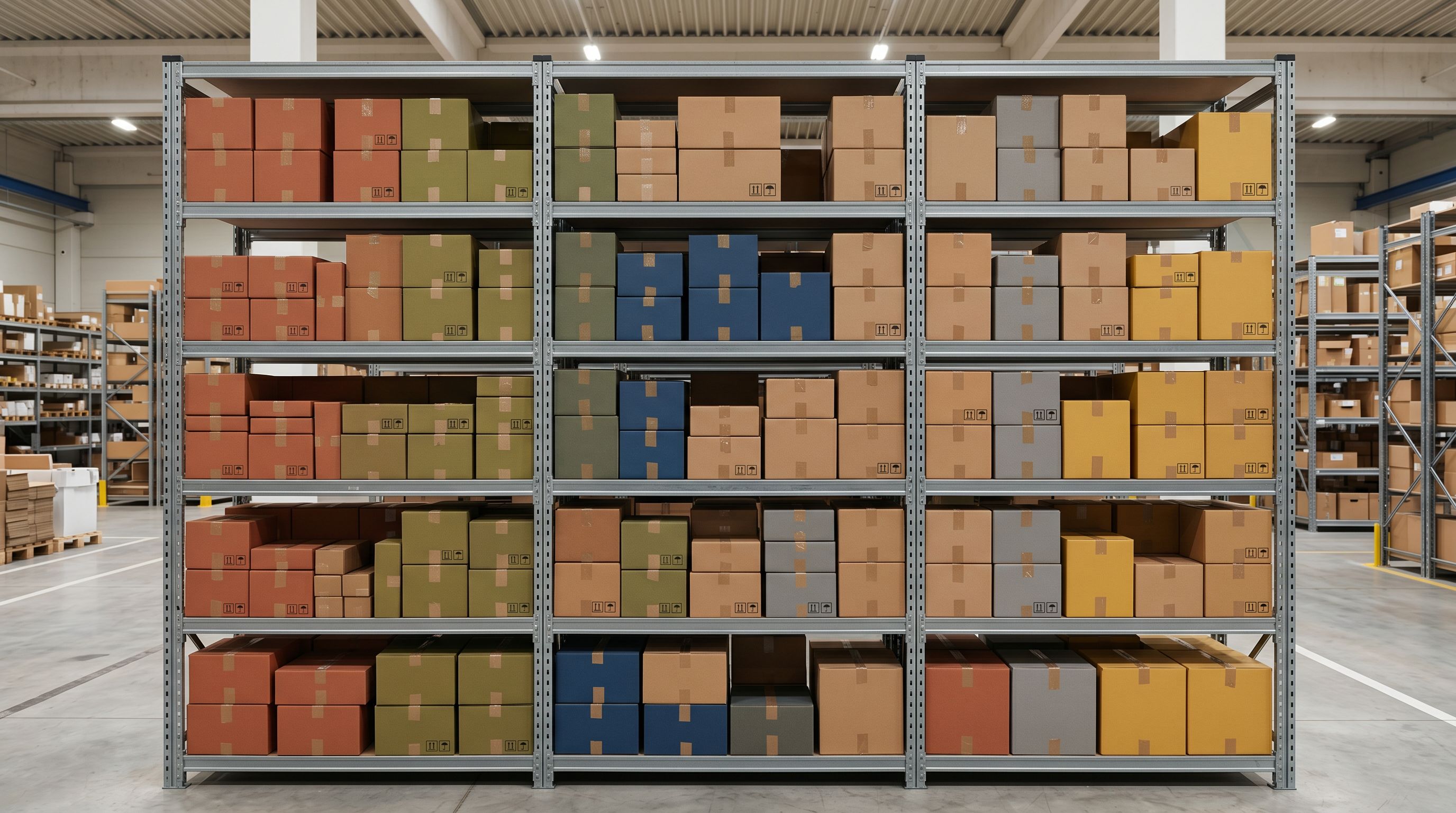 Warehouse metal shelving unit stacked with uniform product boxes of assorted sizes and colours.