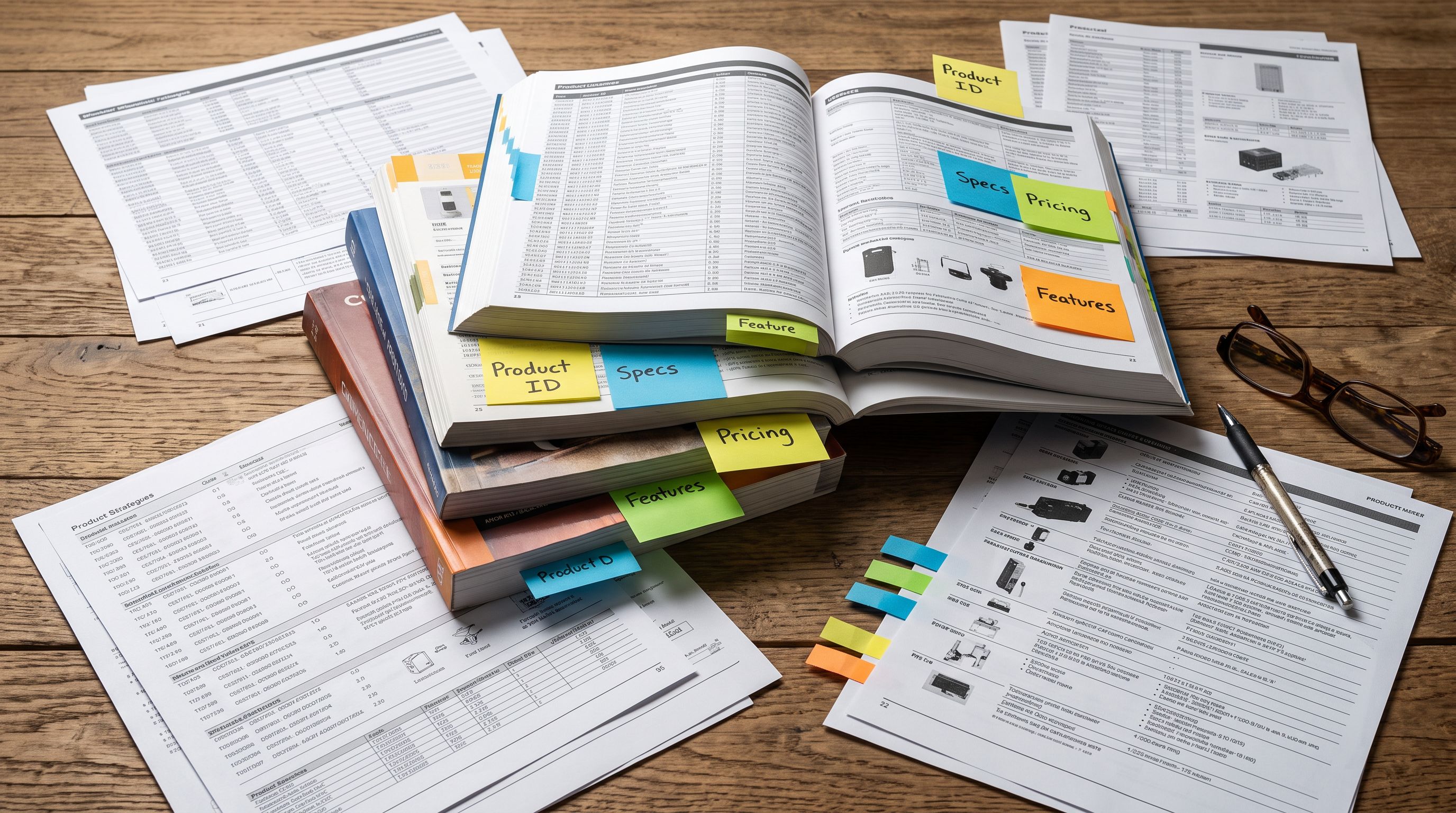 Wholesale distributor catalogues and product specification sheets spread on a table with sticky notes marking different column formats.