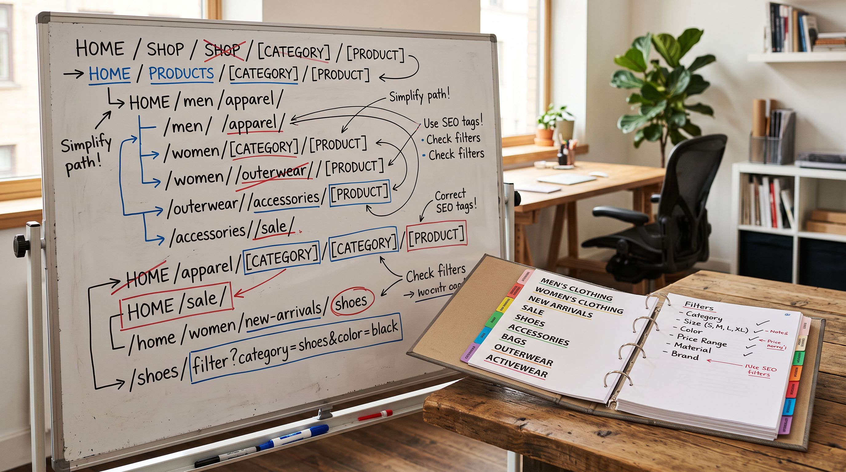 A whiteboard showing a website URL structure with correction marks, next to an open binder with product category filter labels.