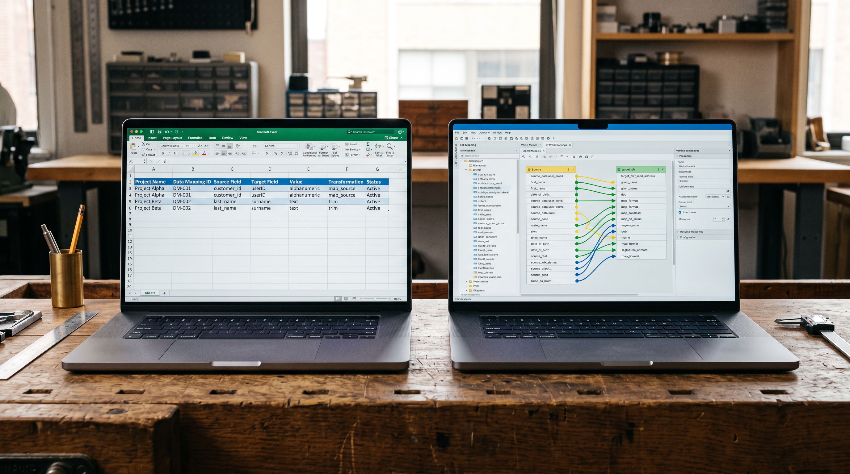 Two laptops side by side on a workbench, one showing a spreadsheet and the other showing a data mapping tool with column arrows.