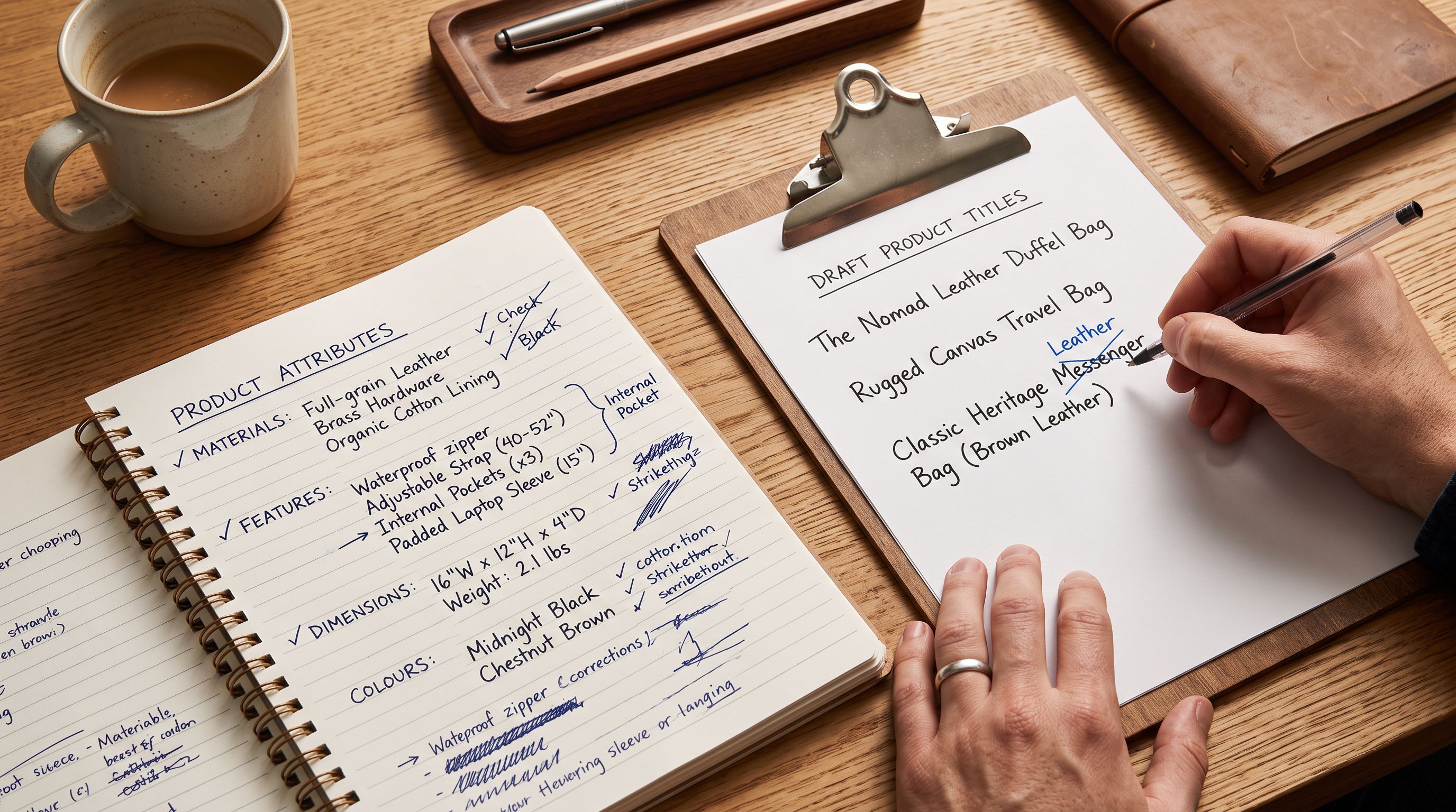 A notepad with handwritten product attribute lists and a clipboard showing draft product titles written from specification notes.
