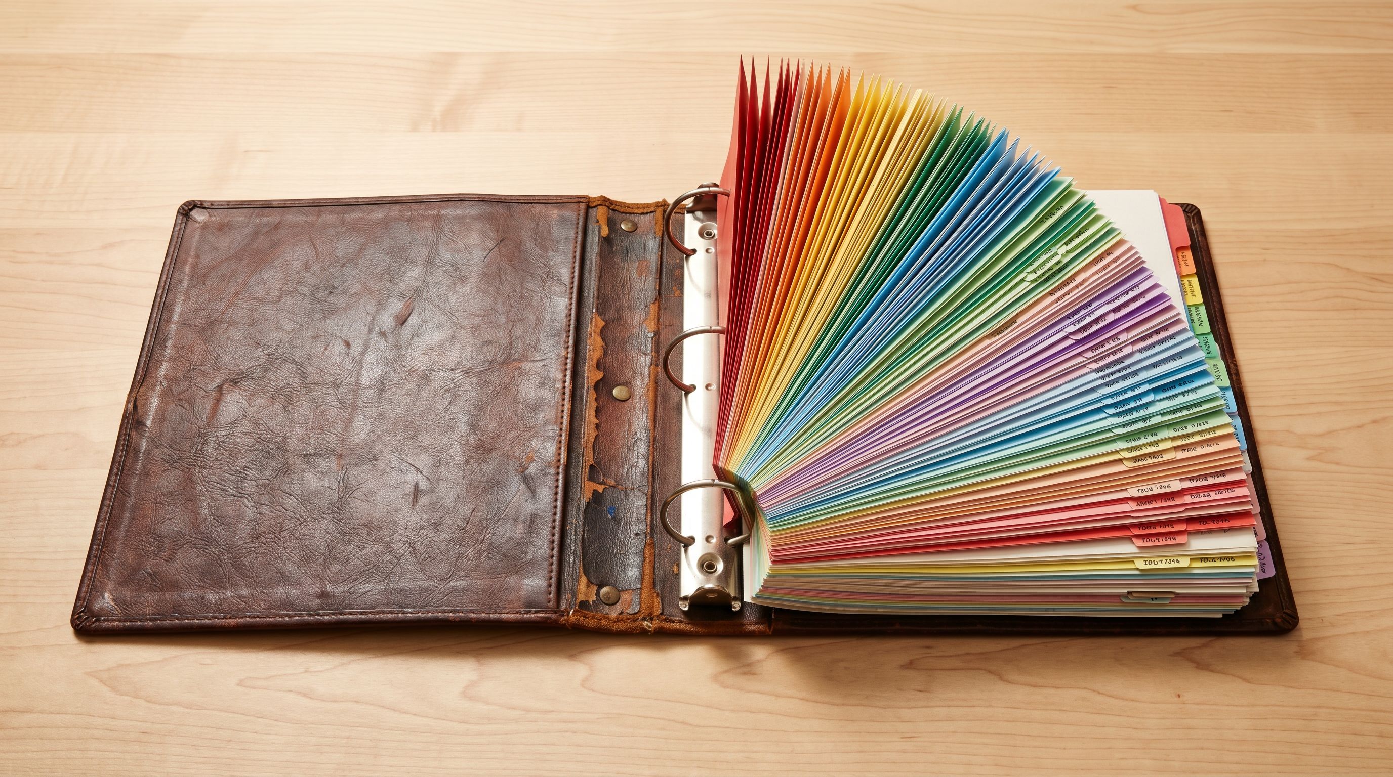 A thick ring-binder product catalogue open on a wooden surface representing manual product data review.