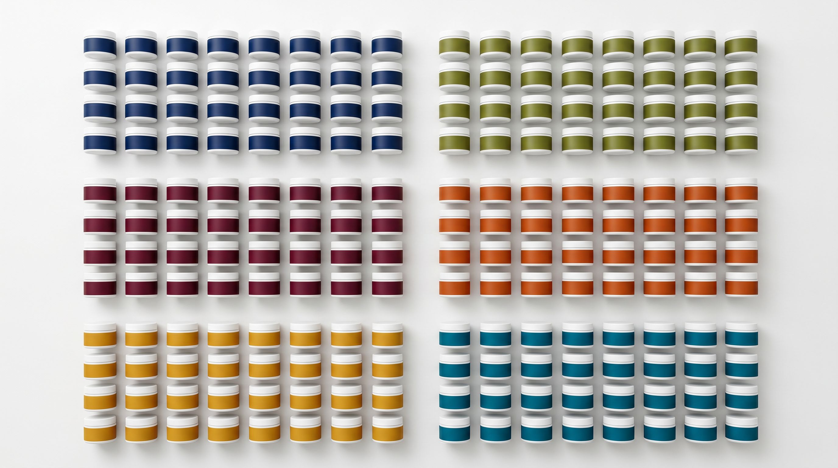 Dozens of small containers sorted into colour-coded groups on a white surface representing catalogue filtering.