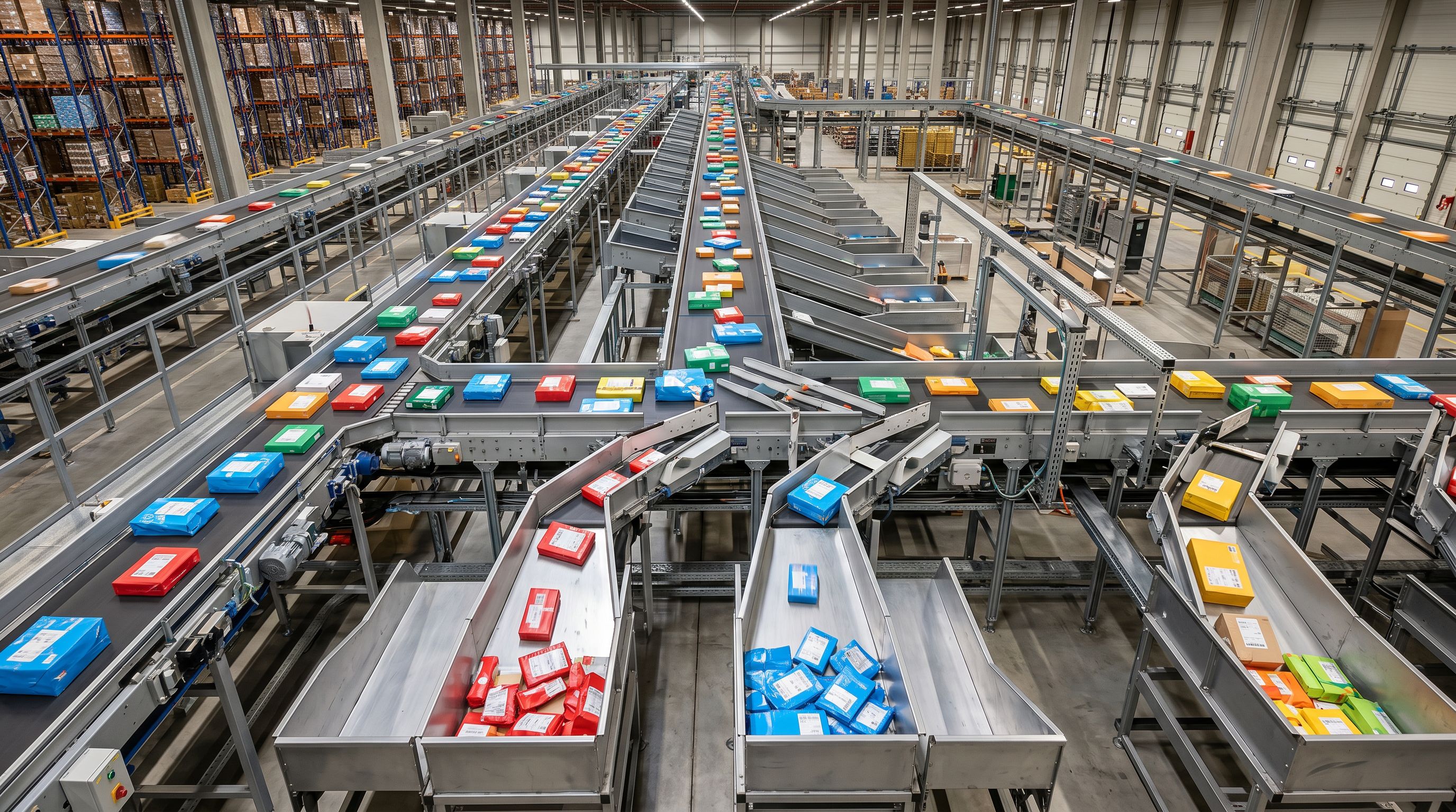 Industrial sorting conveyor routing parcels into separate channels representing targeted batch campaigns.