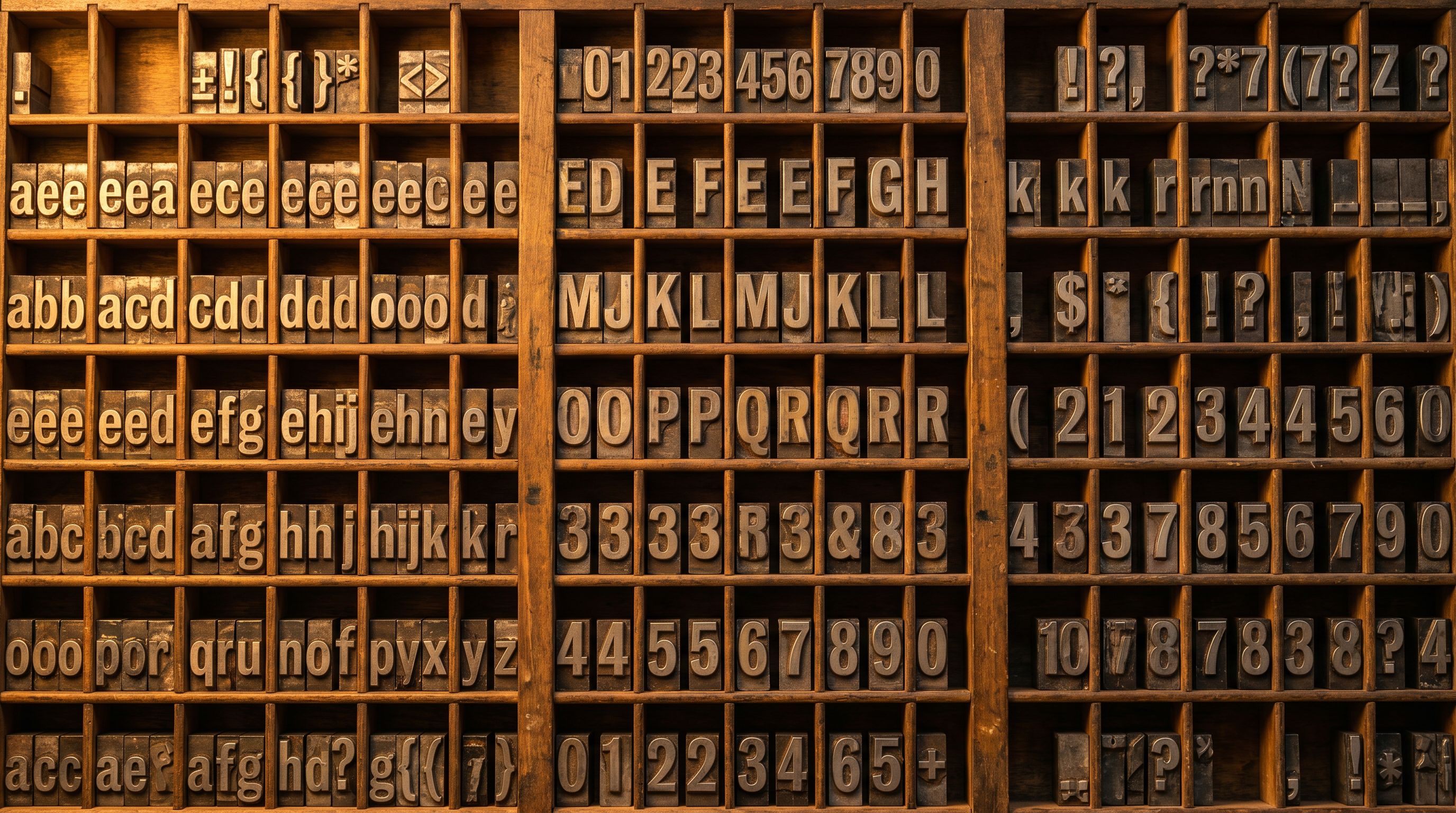 Close-up of vintage letterpress type blocks arranged in a tray representing systematic content generation.